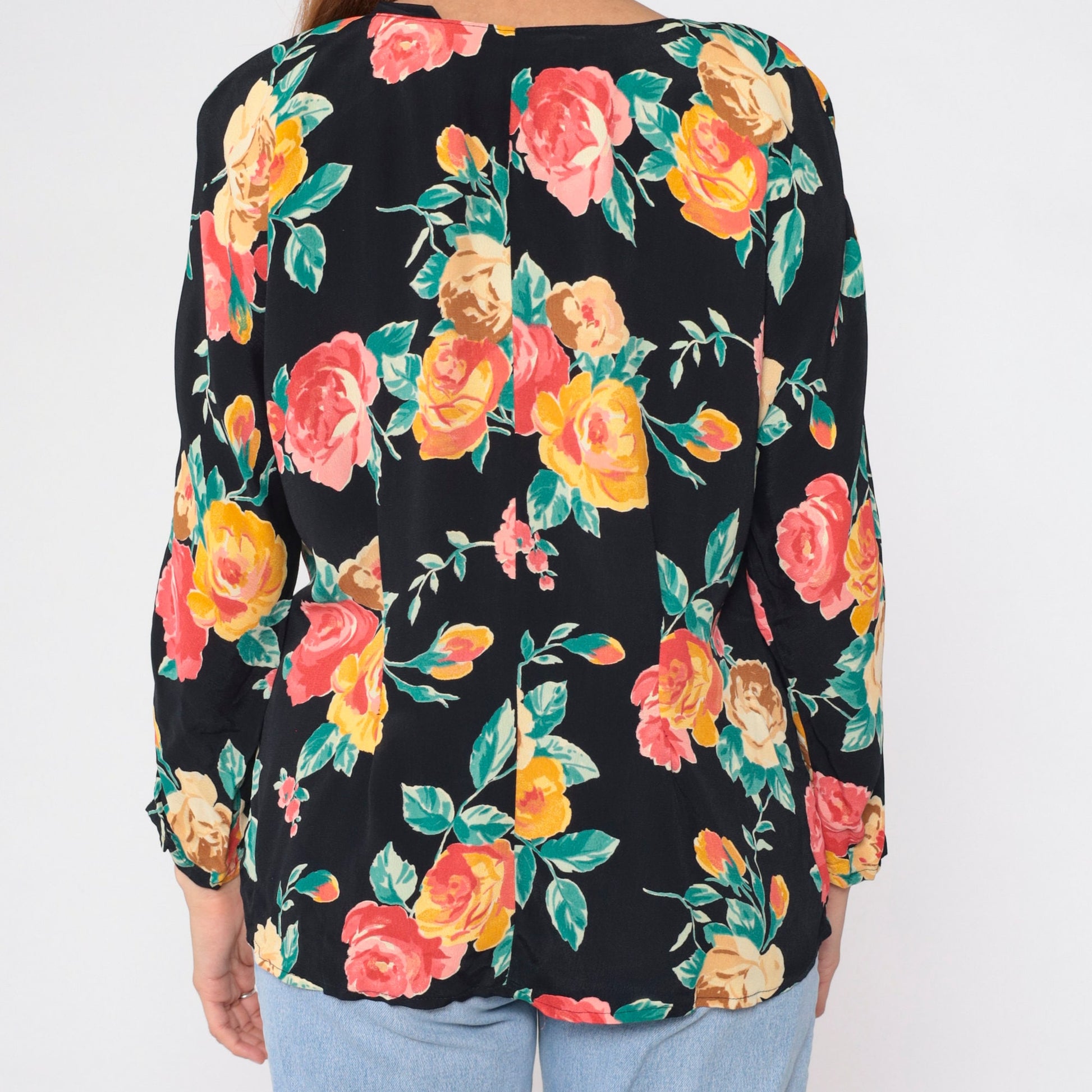 90s Carole Little Black Floral Button-Up Blouse Scalloped Neckline Medium