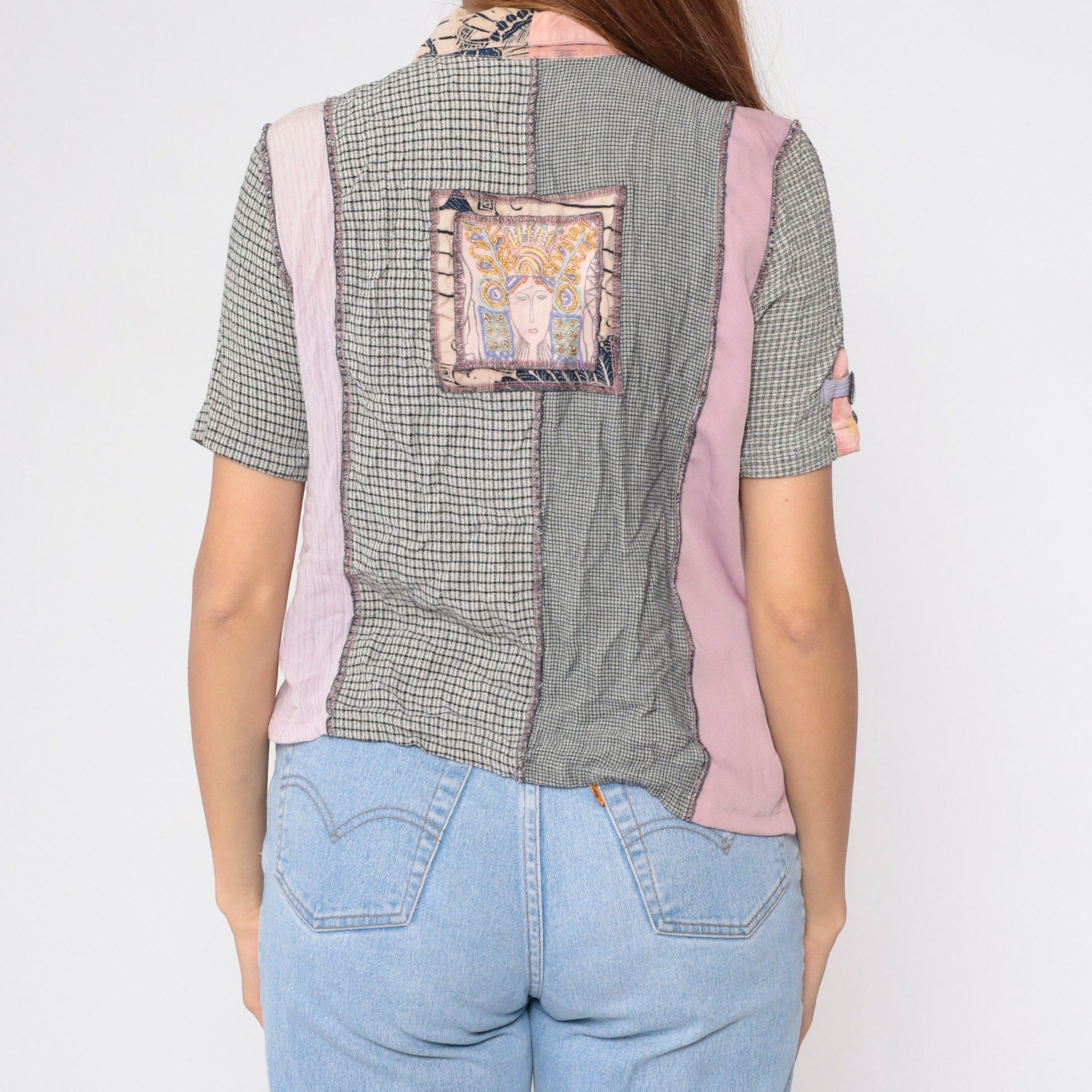 90s Mixed Print Button-Up Blouse Beaded Floral Embroidered Patchwork Small S