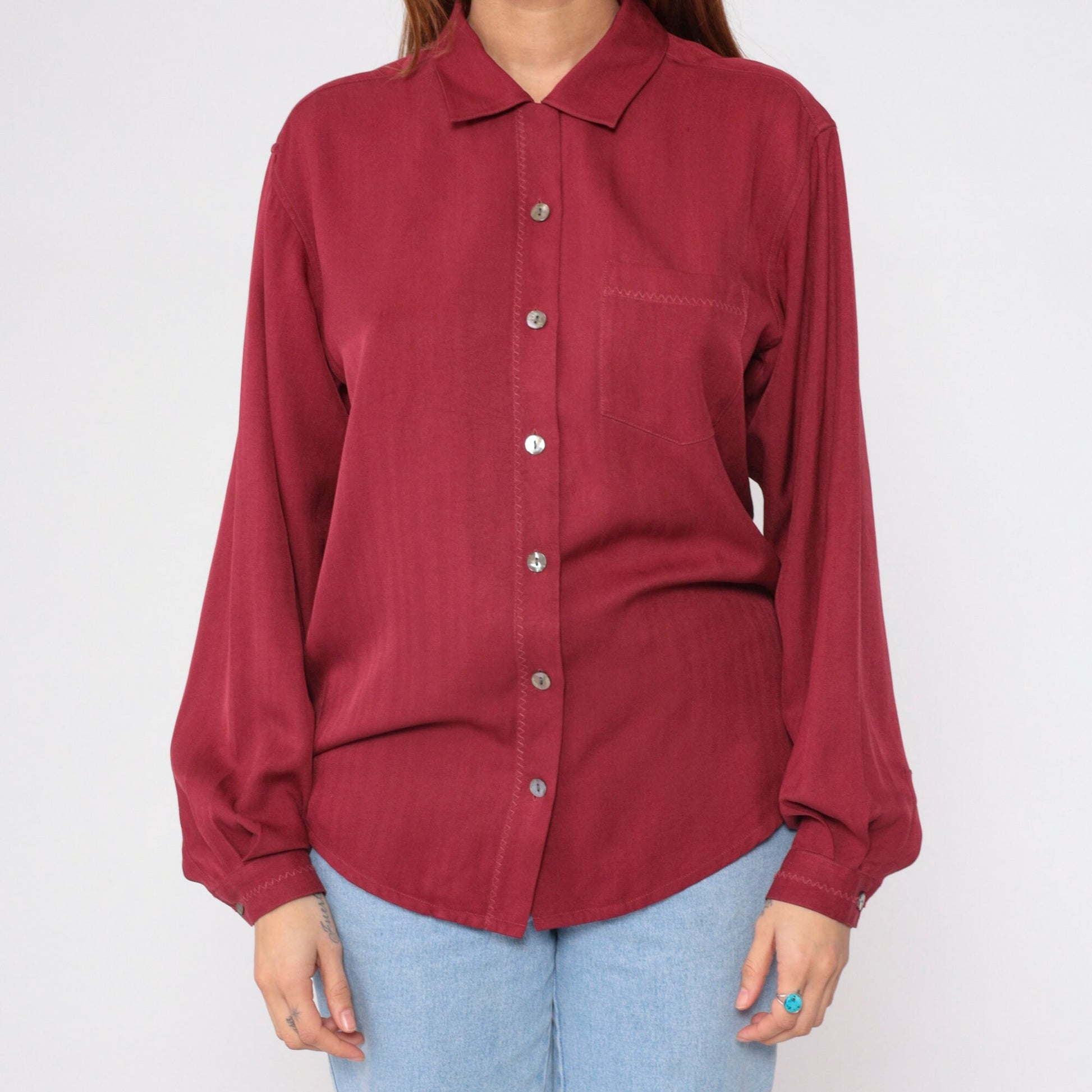 00s Tommy Bahama Maroon Silk Button-Up Blouse Long Sleeve Small S