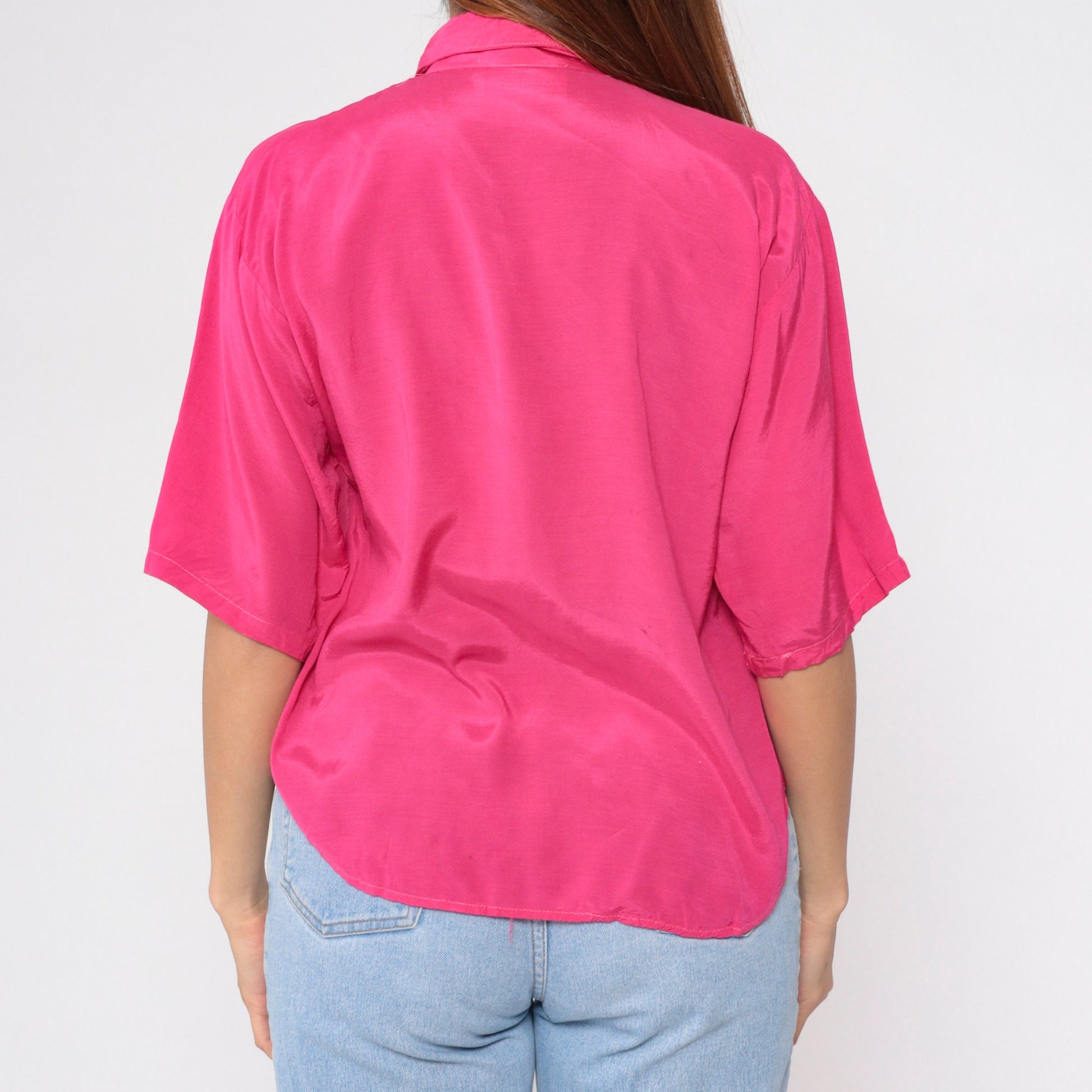90s Hot Pink Button-Up Blouse Black Soutache Trim Short Sleeve Medium M