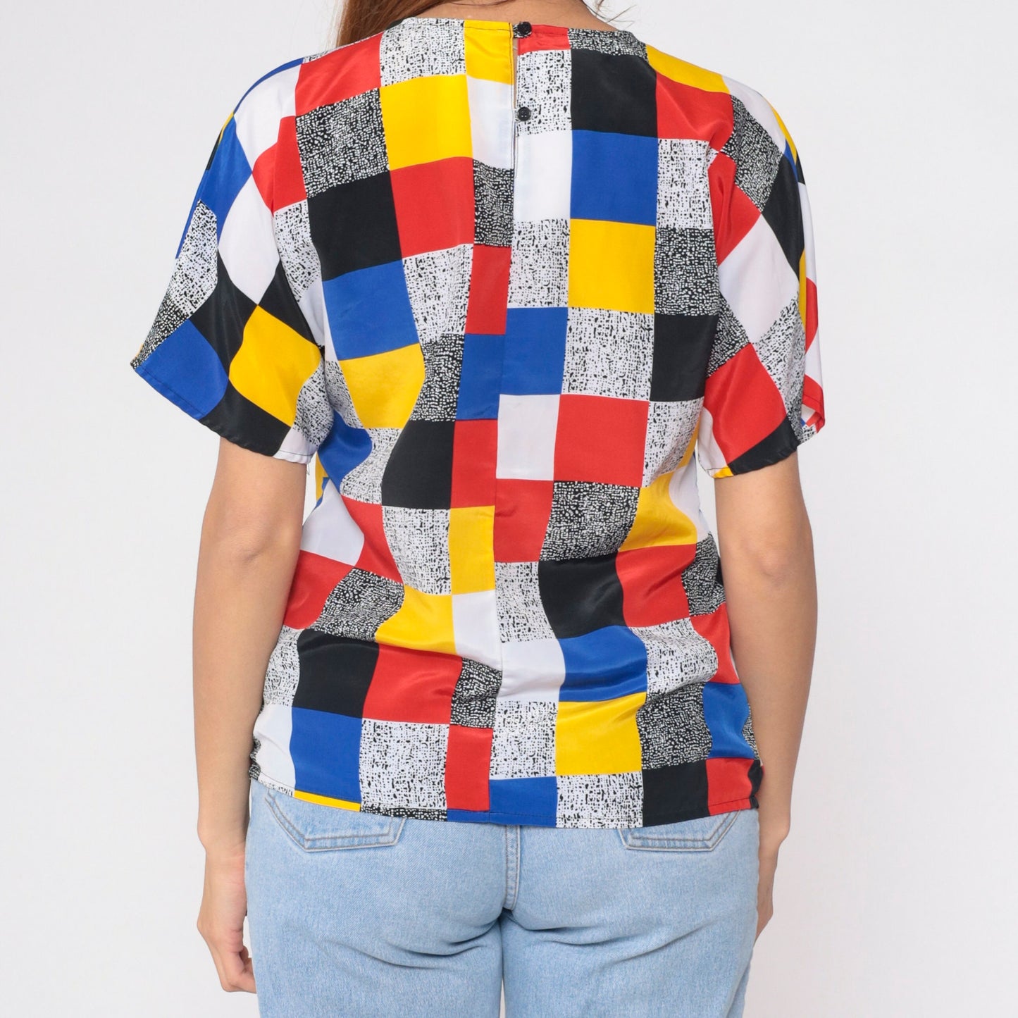 90s Color Block Blouse Primary Colours Black White Flecked Print Short Sleeve Small S