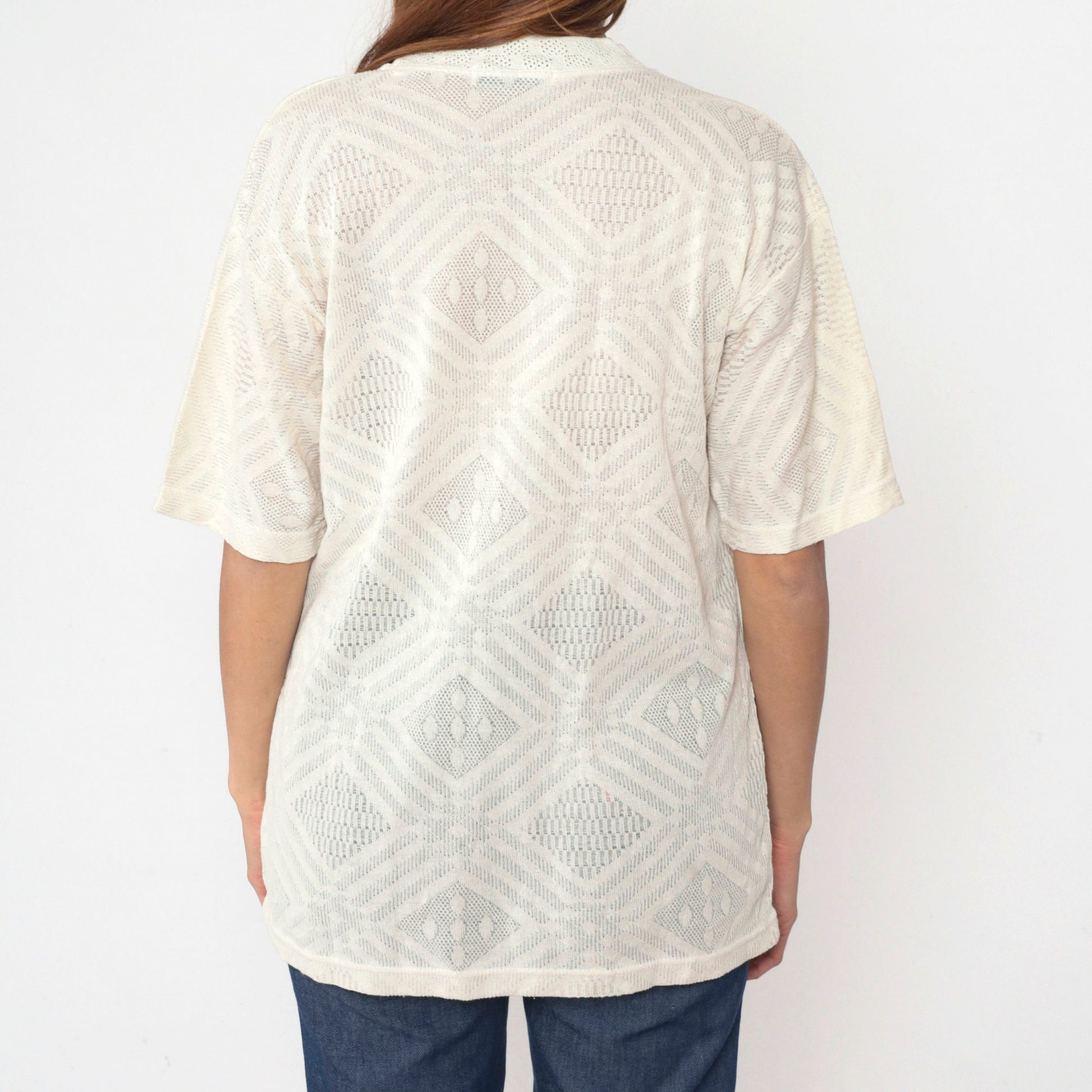 90s Black Hand Club Geometric Knit T-Shirt Off-White Chest Pocket Medium