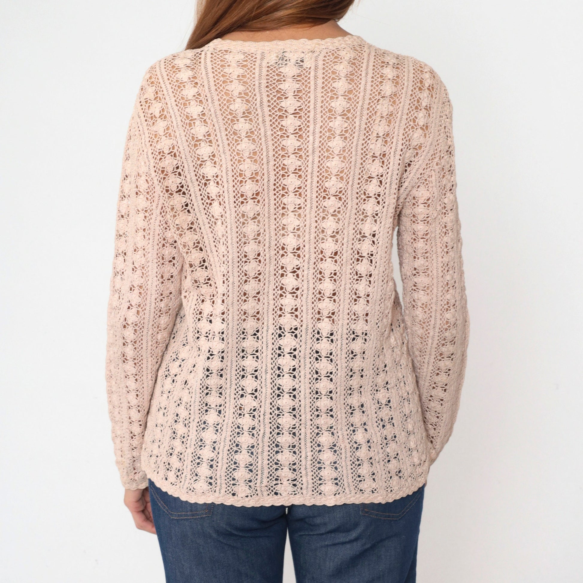 90s Blush Beige Crochet Cardigan Floral Cutout Cotton Knit Large