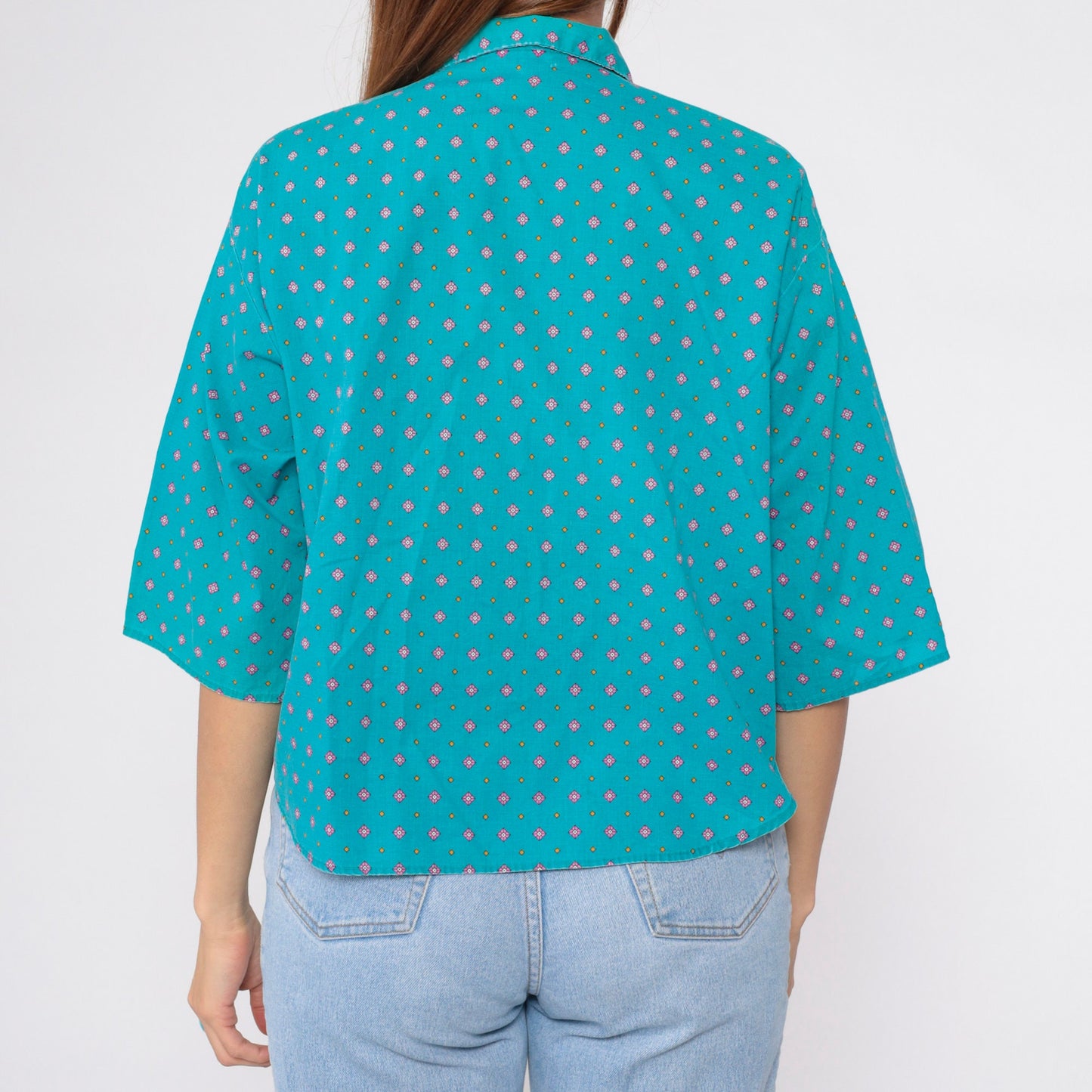 90s Geometric Floral Button-Up Blouse Turquoise Diamond Print Half Sleeve Large L