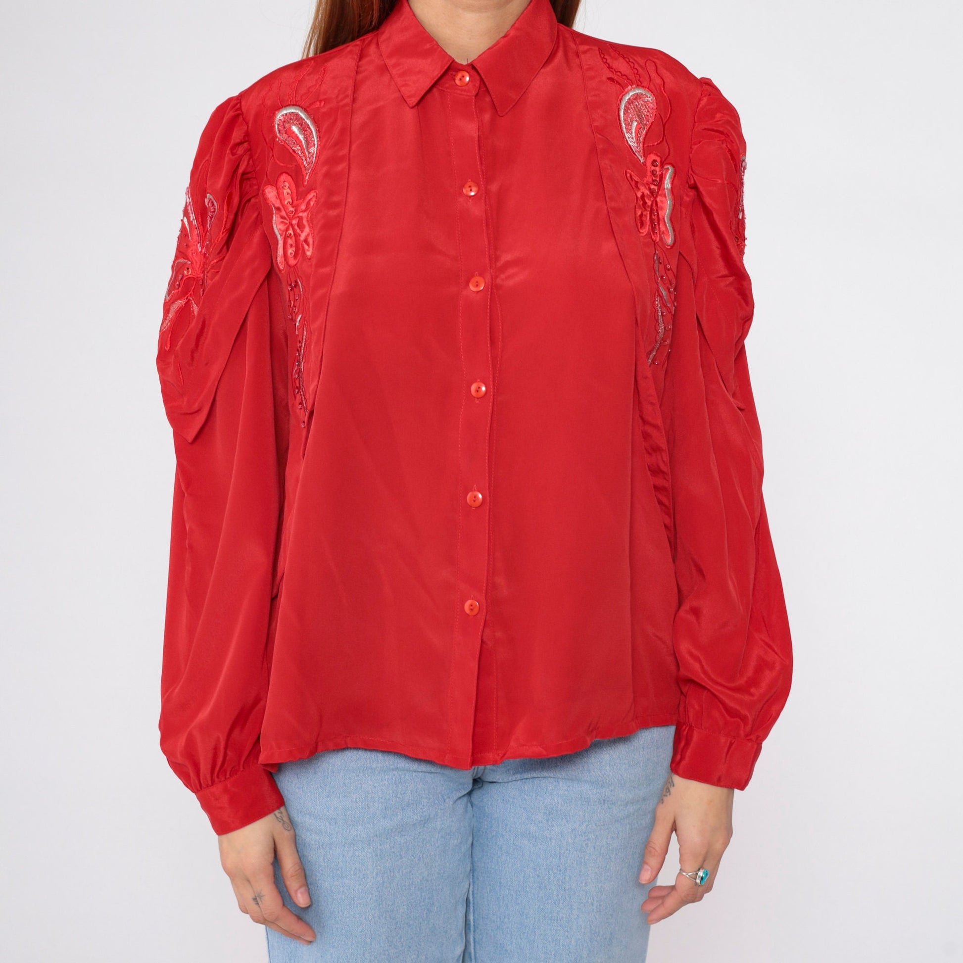 90s Red Sequin Embroidered Button-Up Blouse Puff Sleeve Large L
