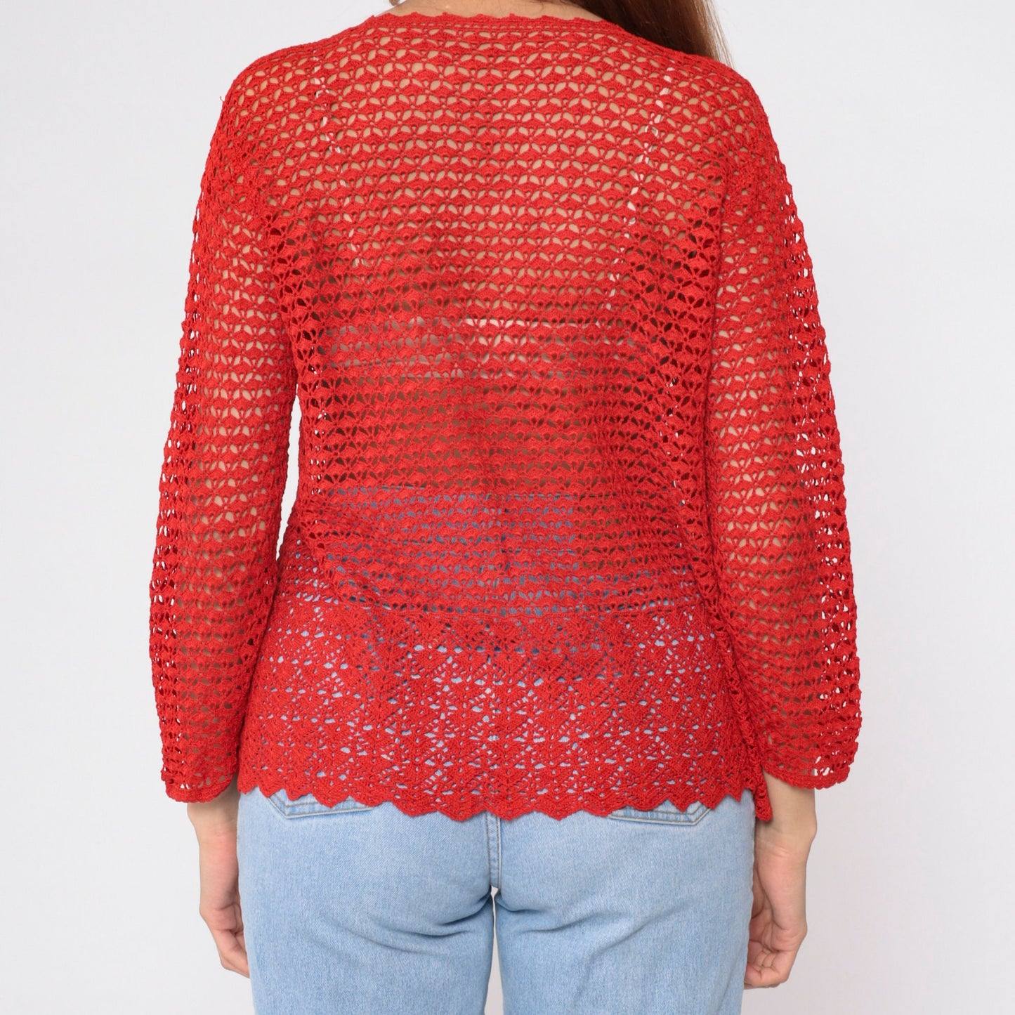 90s Red Crochet Cardigan Floral Cutout Button-Up Sweater Large L