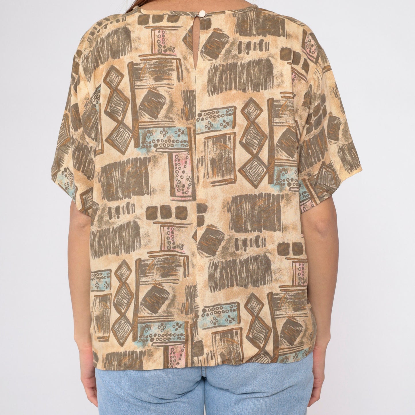 90s Sag Harbor Geometric Abstract Blouse Tan Short Sleeve Extra Large XXL