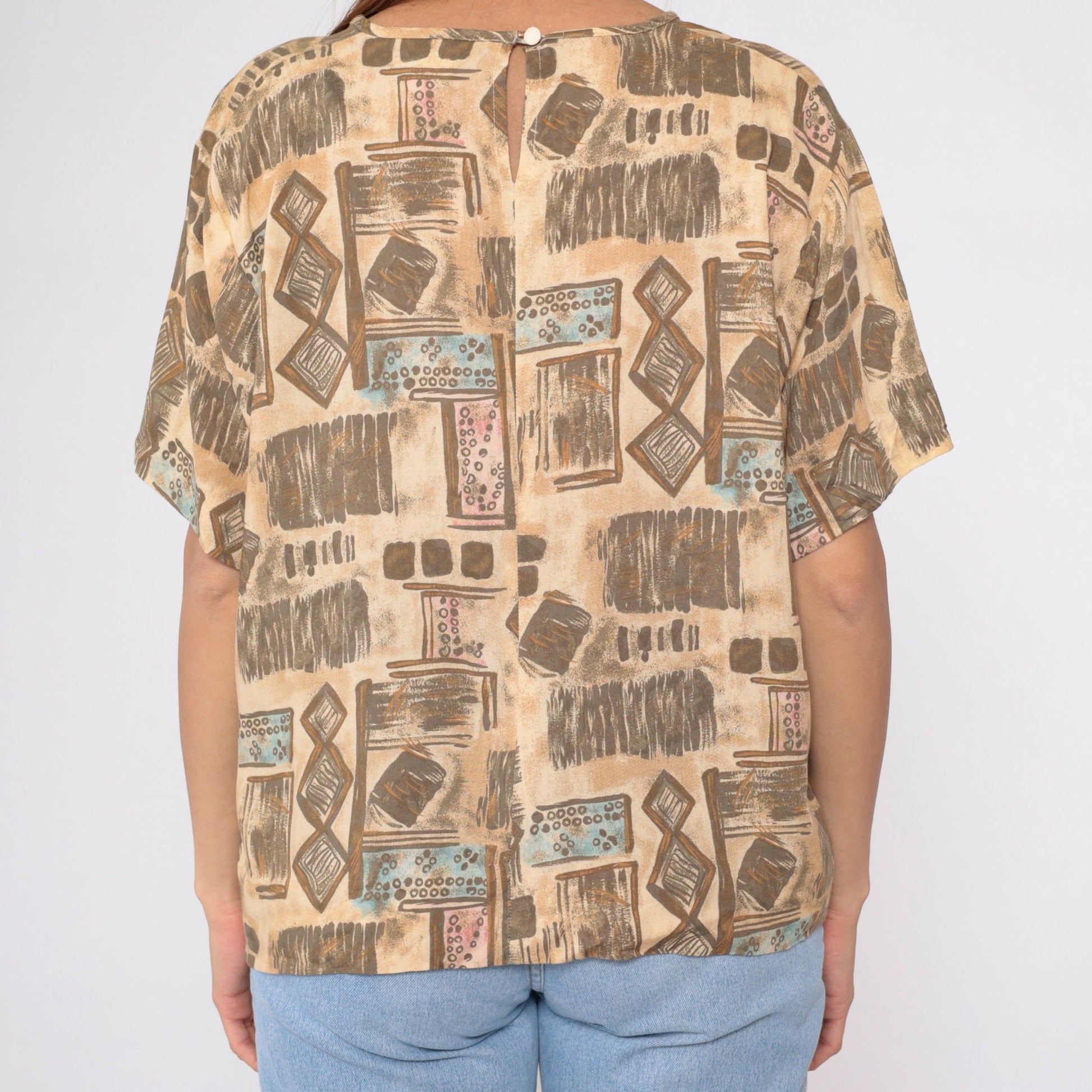 90s Sag Harbor Geometric Abstract Blouse Tan Short Sleeve Extra Large XXL