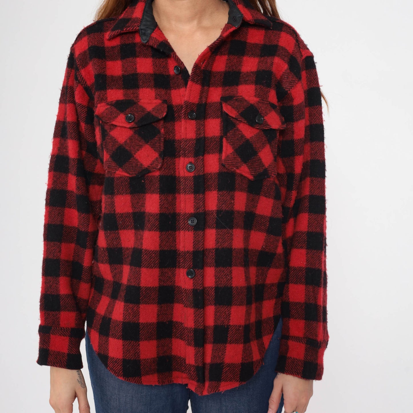 80s Woolrich Buffalo Plaid Wool Shirt Red Black Button Up Medium