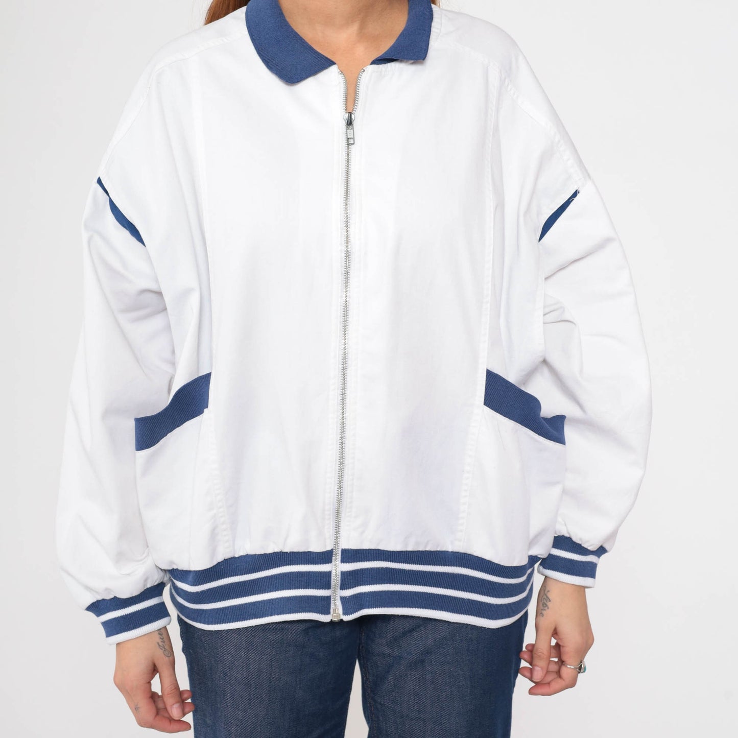 80s White Windbreaker Jacket Dark Blue Stripes Full Zip Track Jacket Extra Large XL