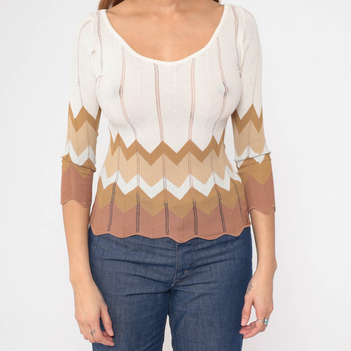 90s Zig Zag Knit Top Striped Scalloped Pointelle Sweater White Brown Small
