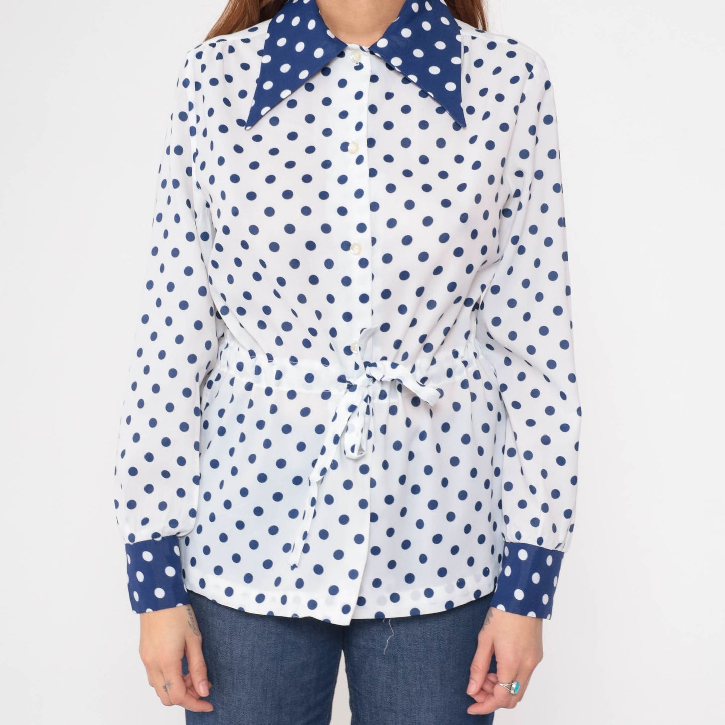 70s Polka Dot Button Up Blouse White Blue Dagger Collar Long Sleeve Medium