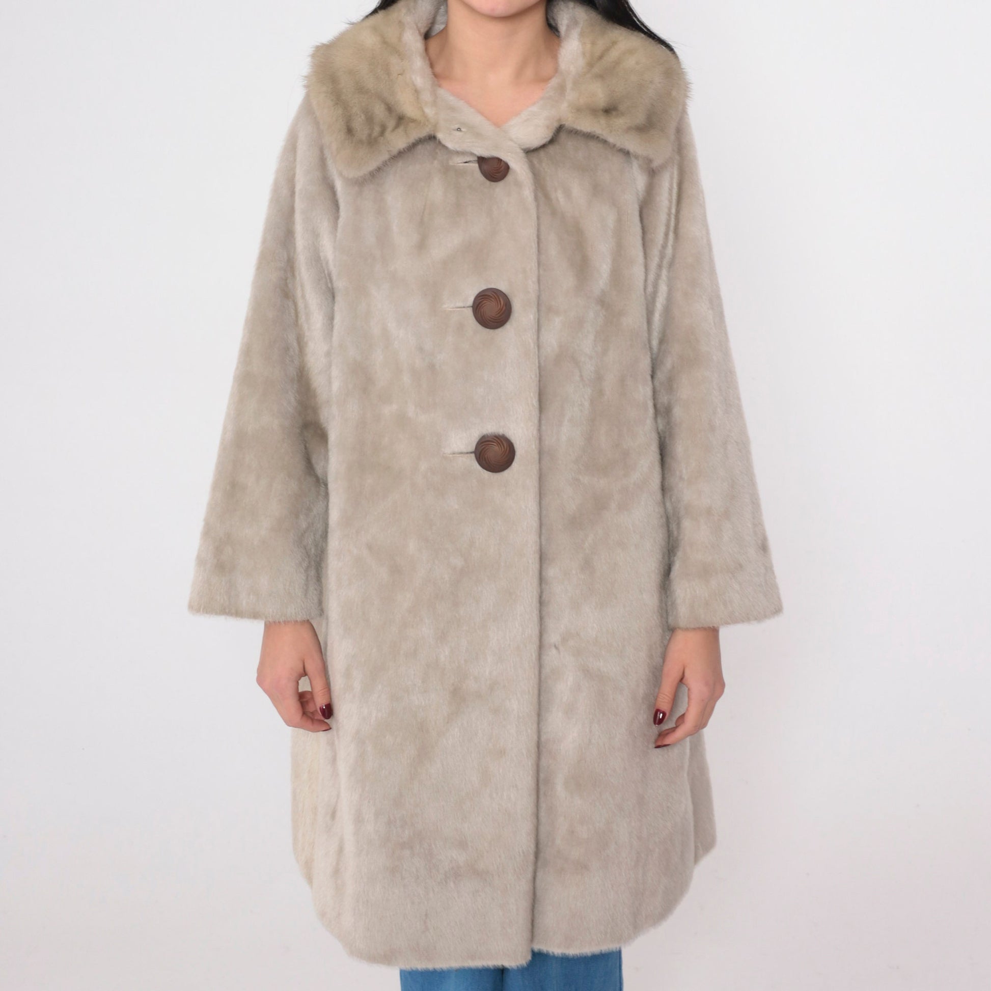 60s Tan Faux Fur Coat Real Fur Collar Button Front Medium