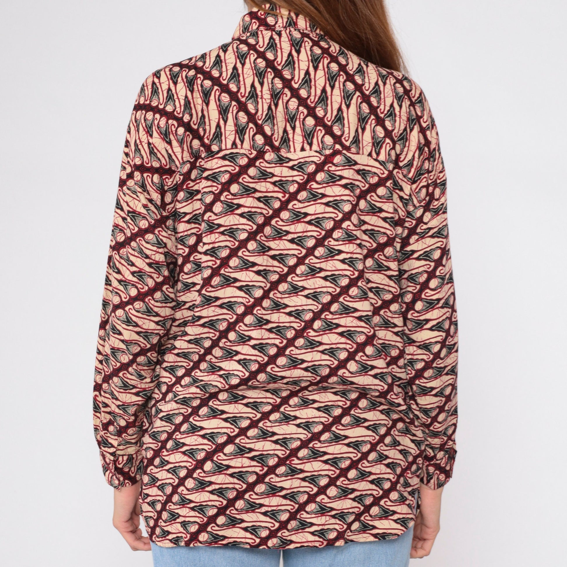90s Geometric Abstract Button Up Blouse Red Tan Patterned Medium