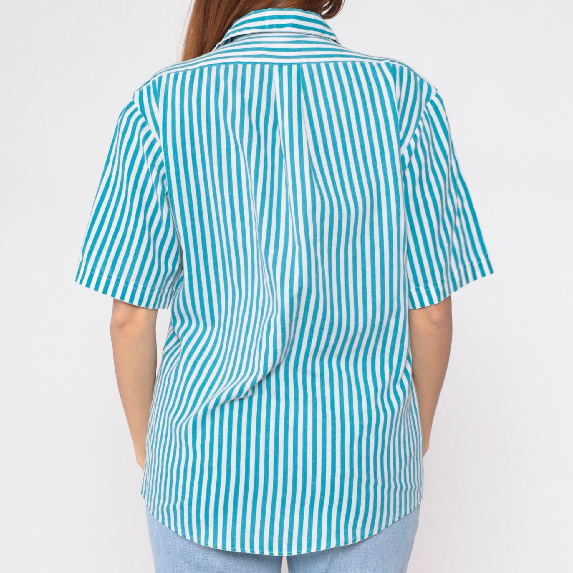 90s Blue White Striped Oxford Button-Up Shirt Short Sleeve Men's Medium