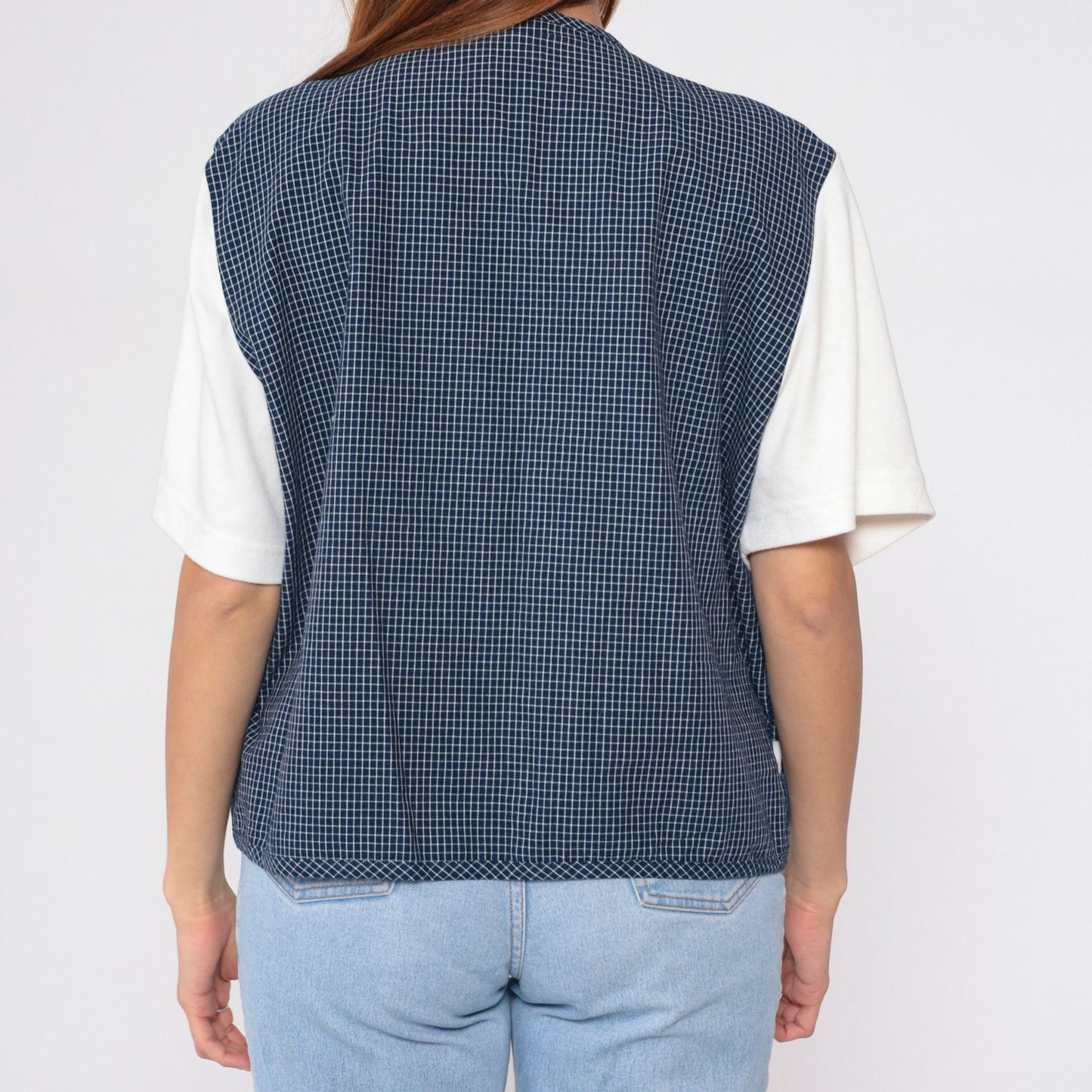 90s Koret City Blues Checkered Vest Blouse White Cotton Button Up Extra Large XXL