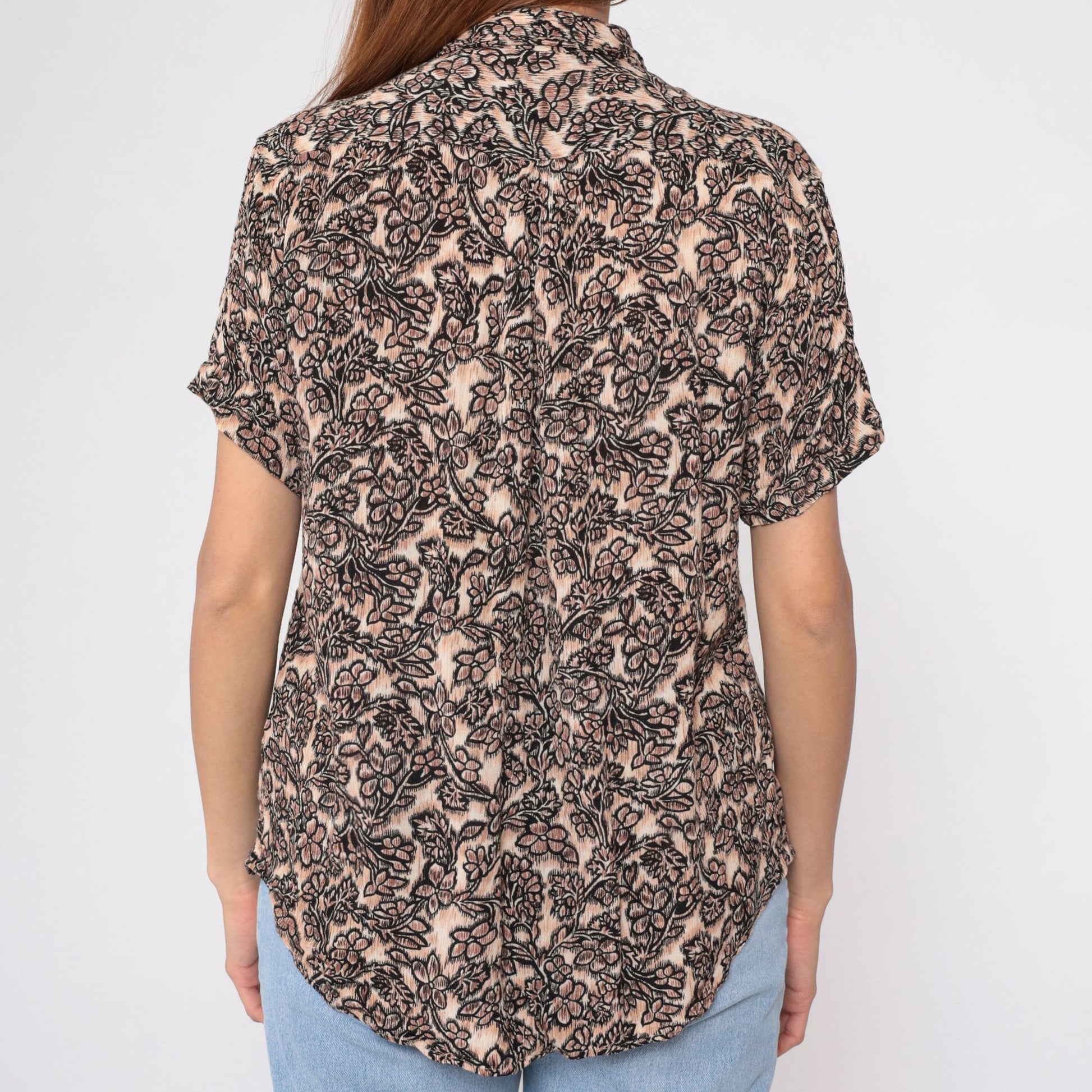 90s Floral Blouse Brown Tan Flower Print Rayon Button Up Short Sleeve Medium