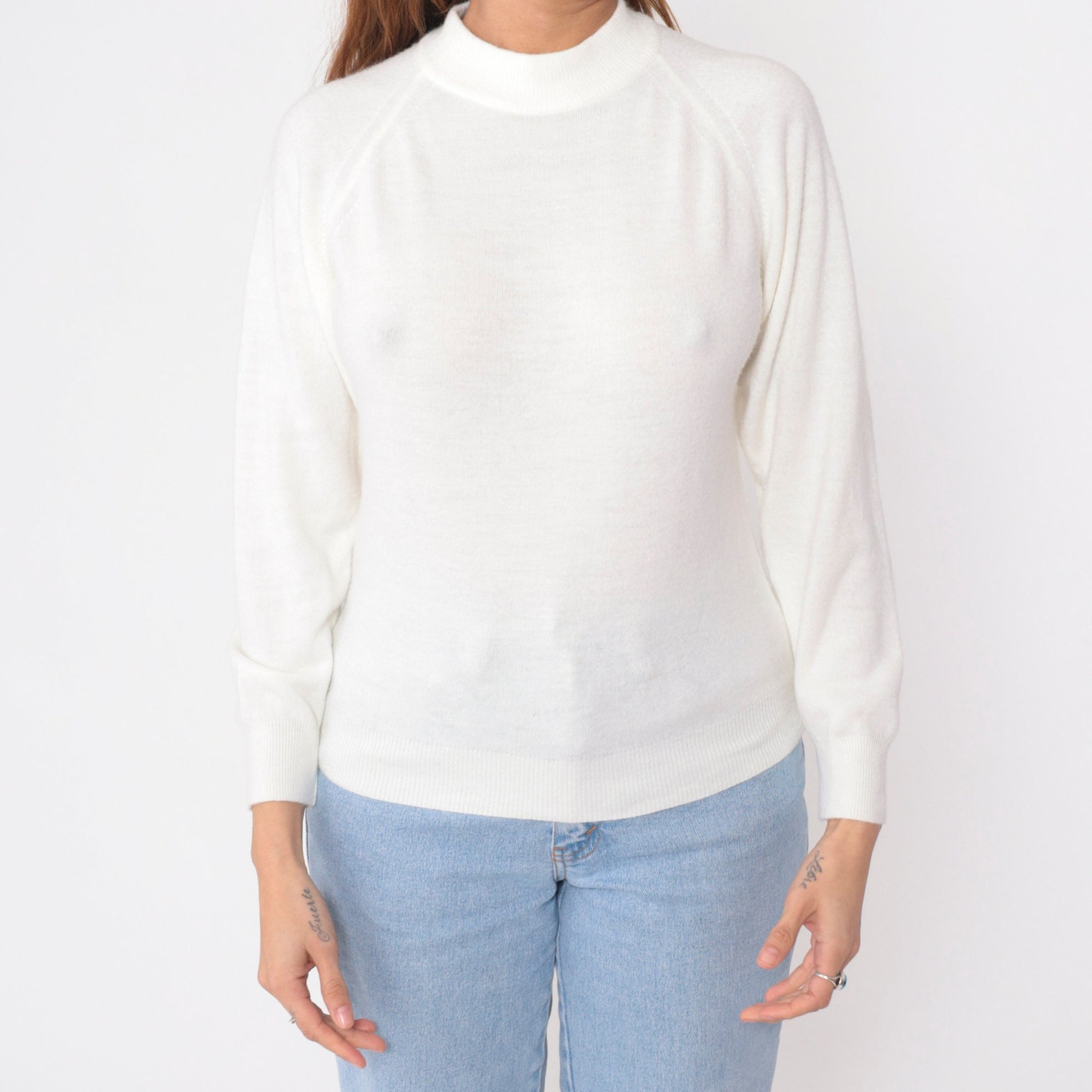 70s White Knit Sweater Mock Neck Raglan Pullover Small