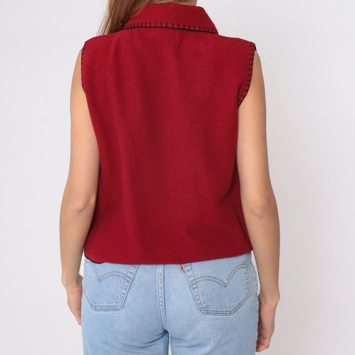 90s Woolrich Moose Wool Vest Red Black Soutache Silver Clasp Medium M