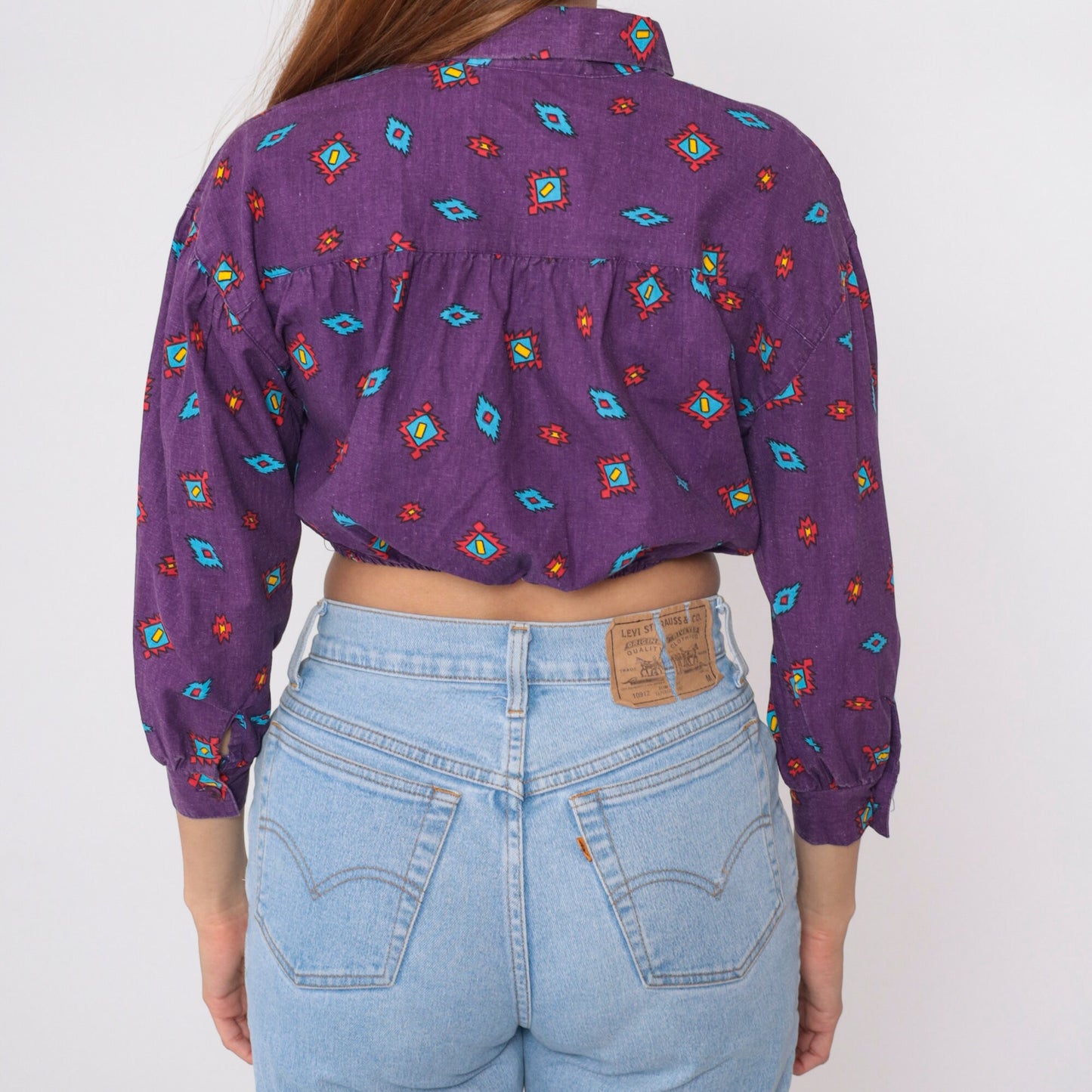 90s Arizona Jean Company Southwestern Crop Top Purple Button-Up Medium