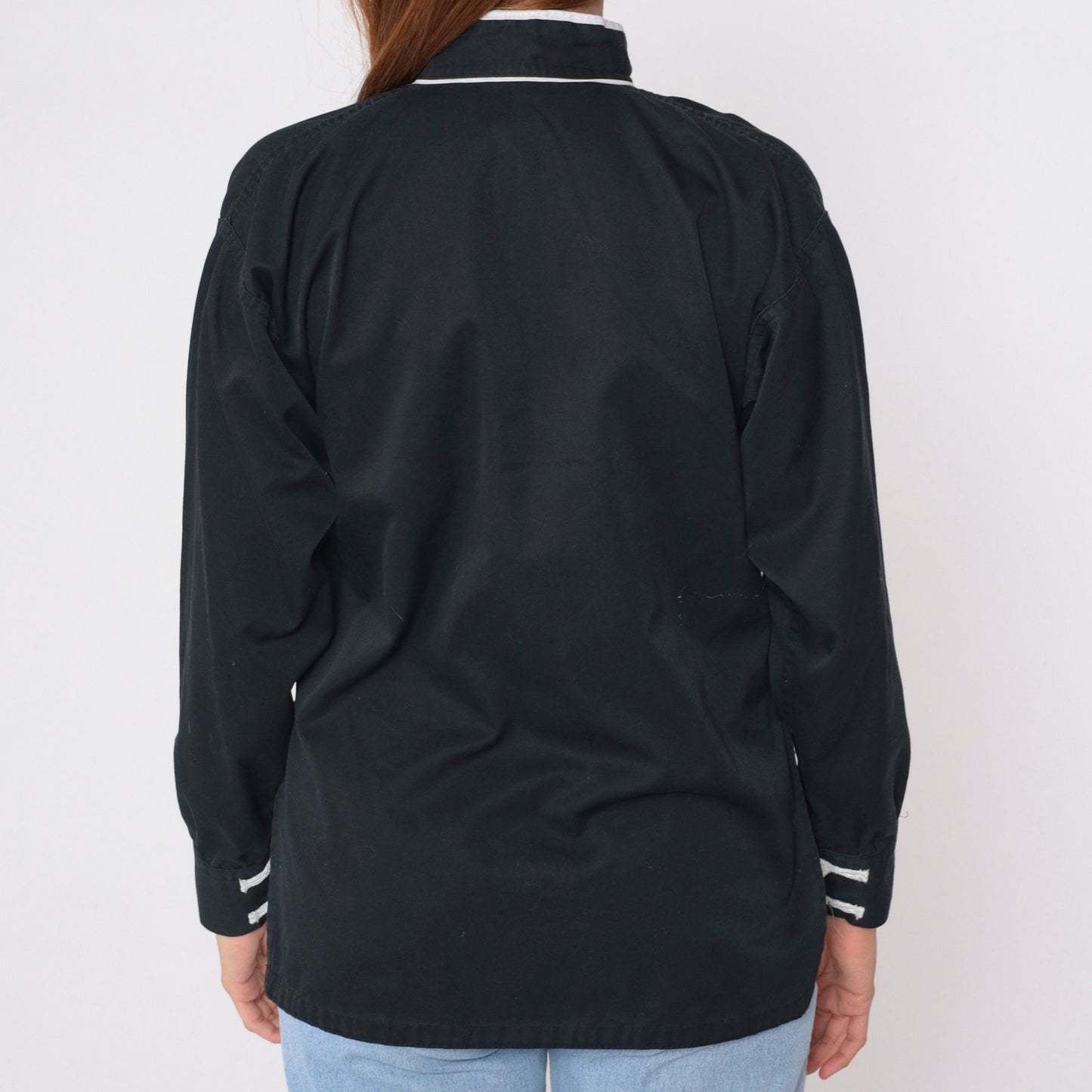 90s Black Button-Up Blouse with White Trim and Frog Knot Closure Small S