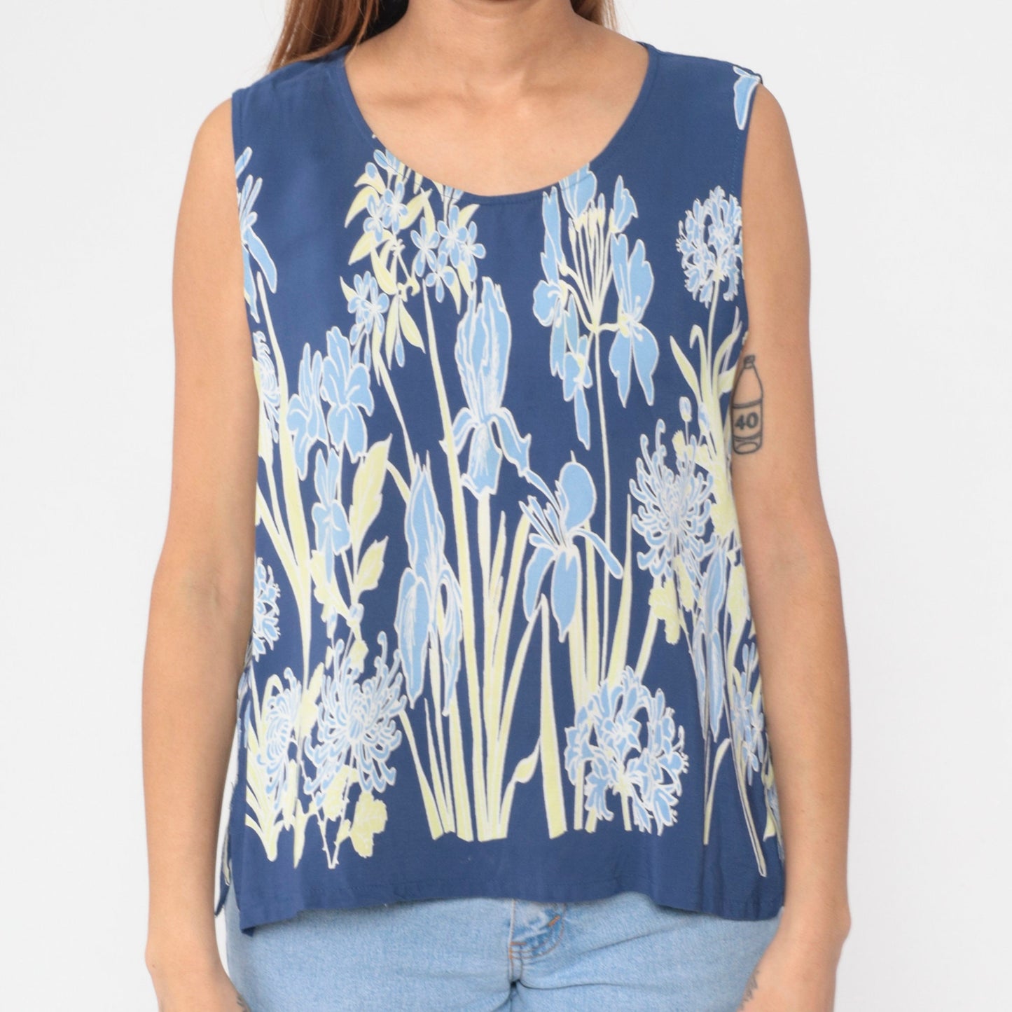 90s Blue Iris Floral Tank Top Sleeveless Blouse Extra Large XXL