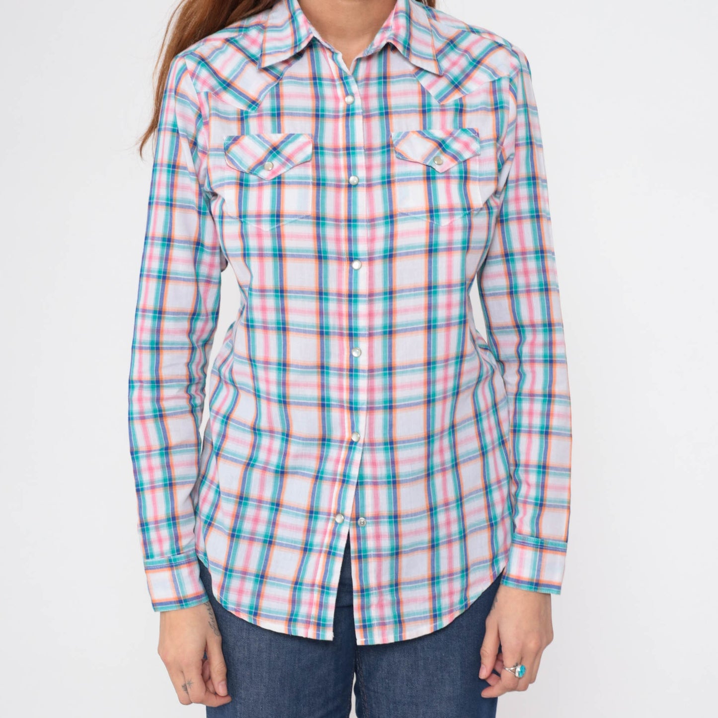 90s Wrangler Western Shirt Pearl Snap Plaid White Blue Pink Small Petite