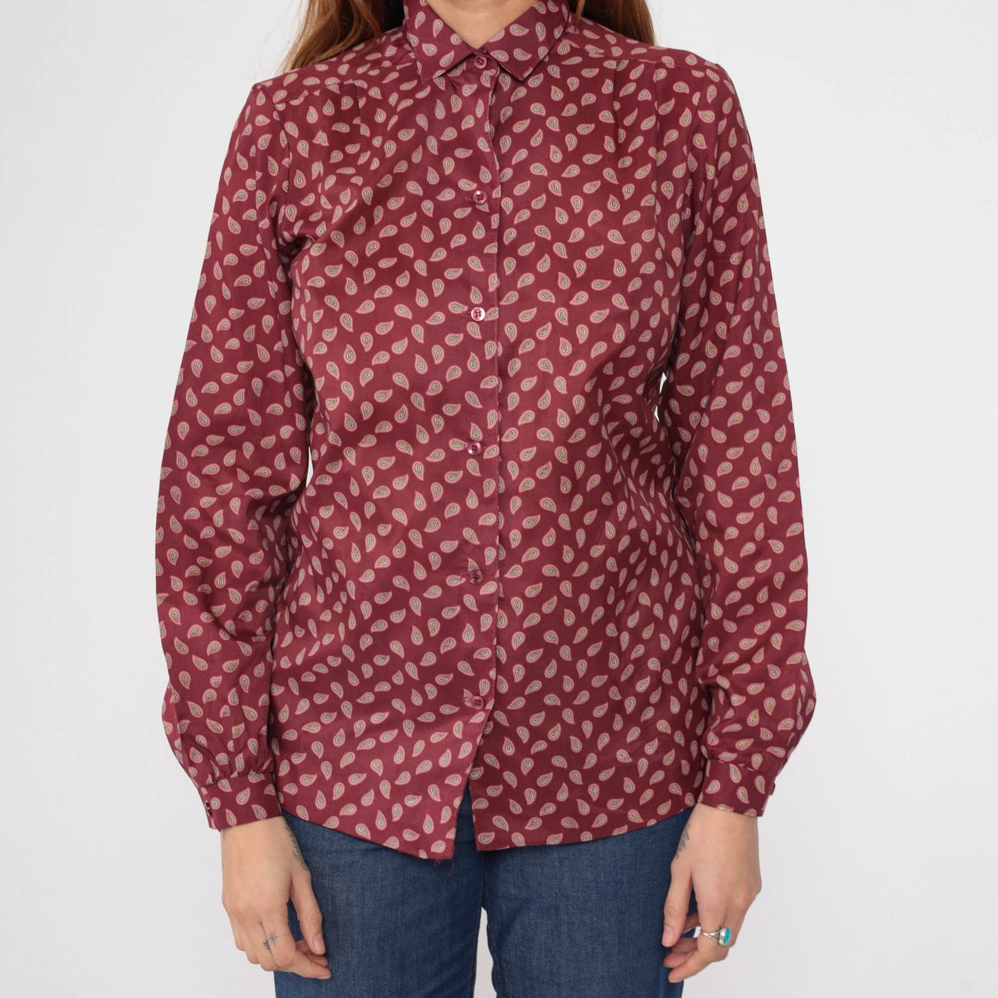 80s Burgundy Paisley Button-Up Blouse Long Sleeve Collar Medium