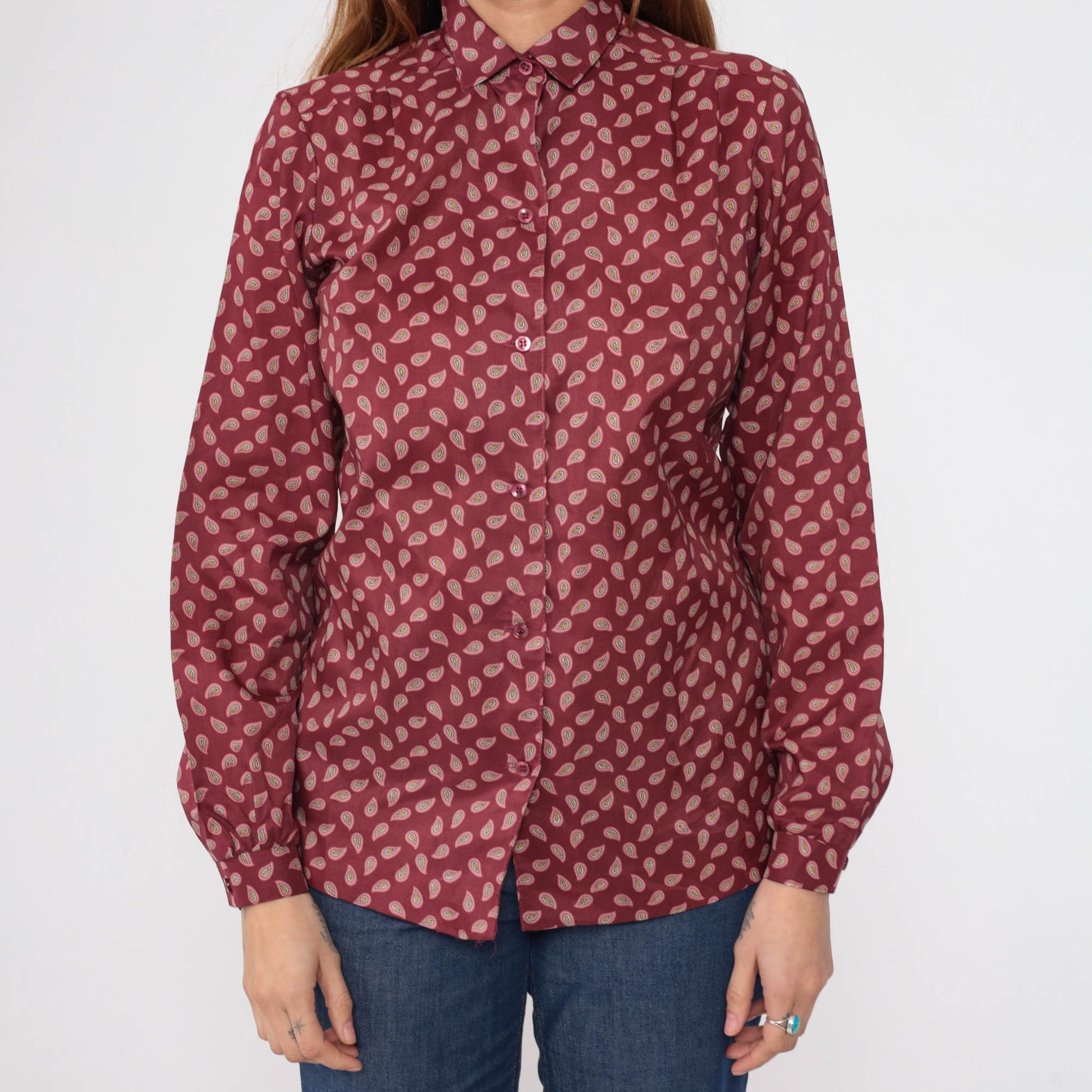 80s Burgundy Paisley Button-Up Blouse Long Sleeve Collar Medium