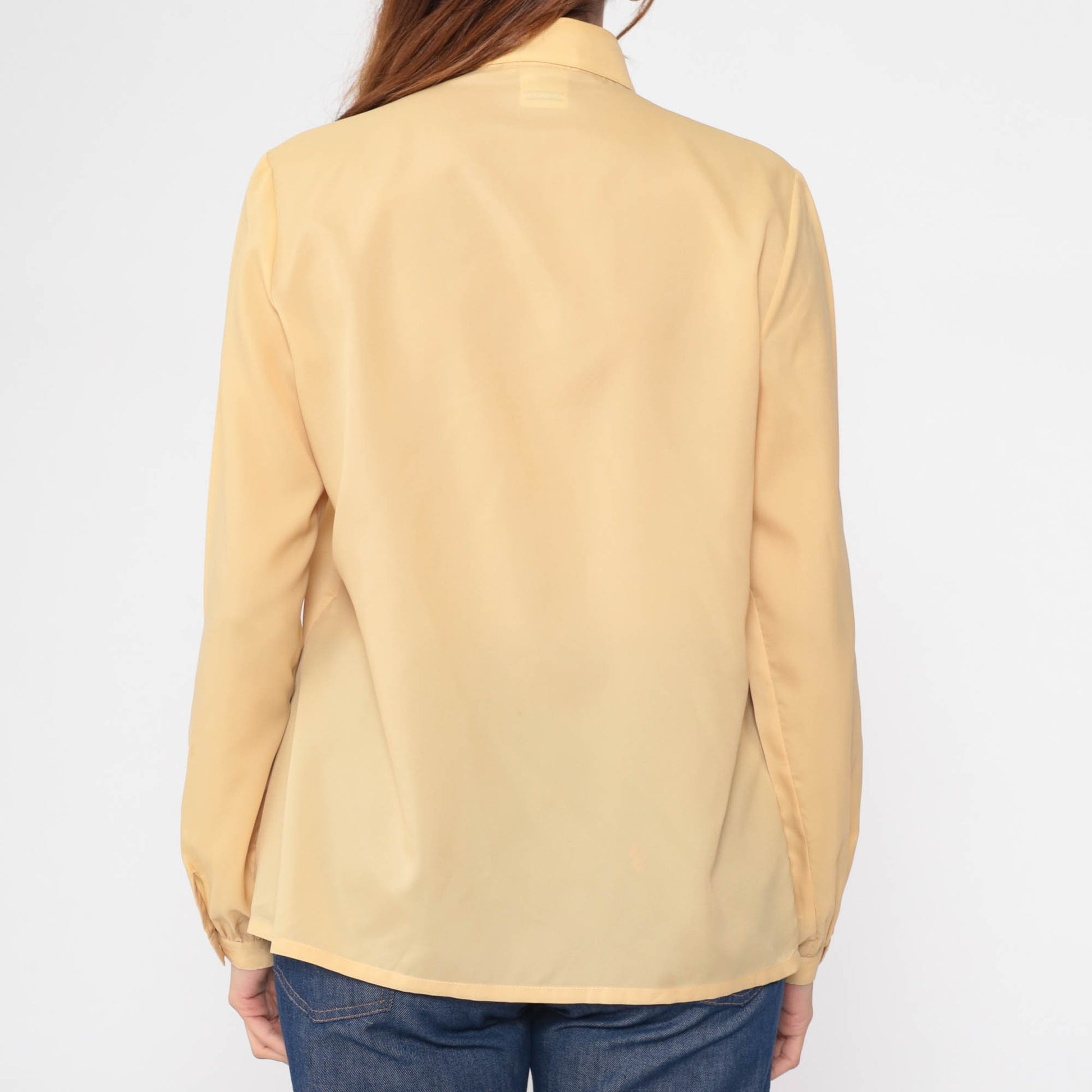 80s Yellow Pleated Button-Up Blouse Long Sleeve Collared Shirt Large L