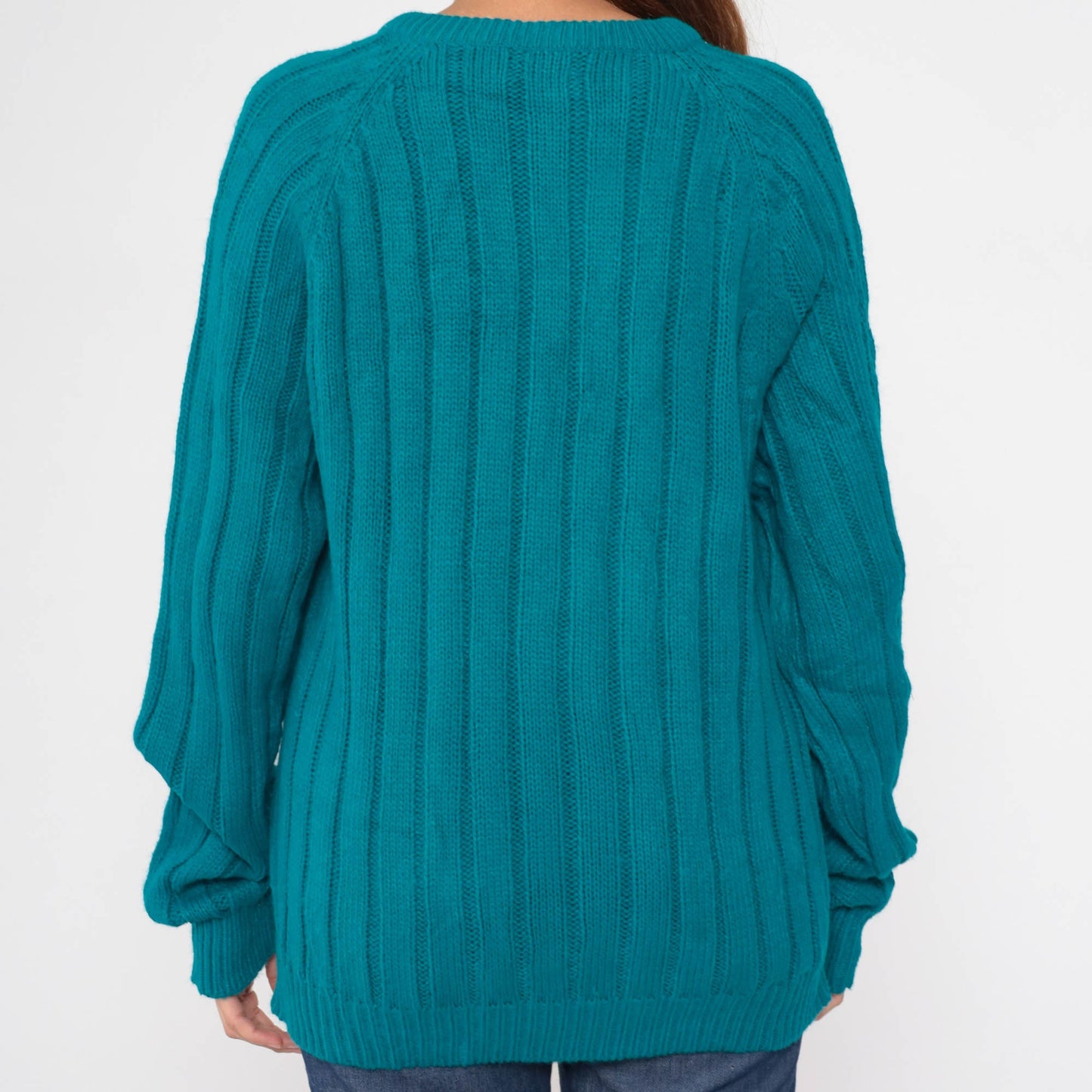 80s Wrangler Teal Cable Knit Crewneck Sweater Raglan Sleeve Medium
