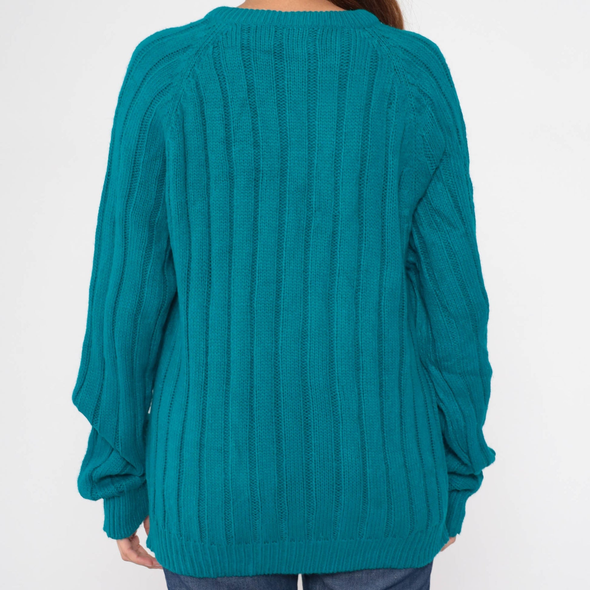 80s Wrangler Teal Cable Knit Crewneck Sweater Raglan Sleeve Medium