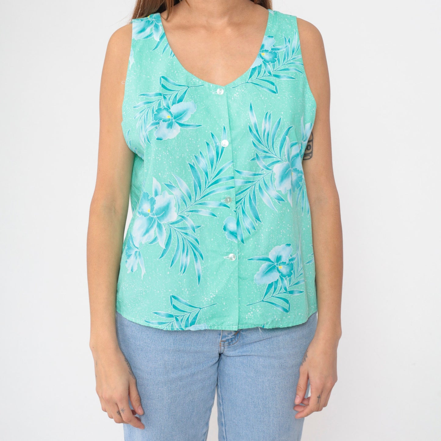 80s Tropical Floral Button-Up Tank Top Turquoise Green Orchid Leaf Print Large