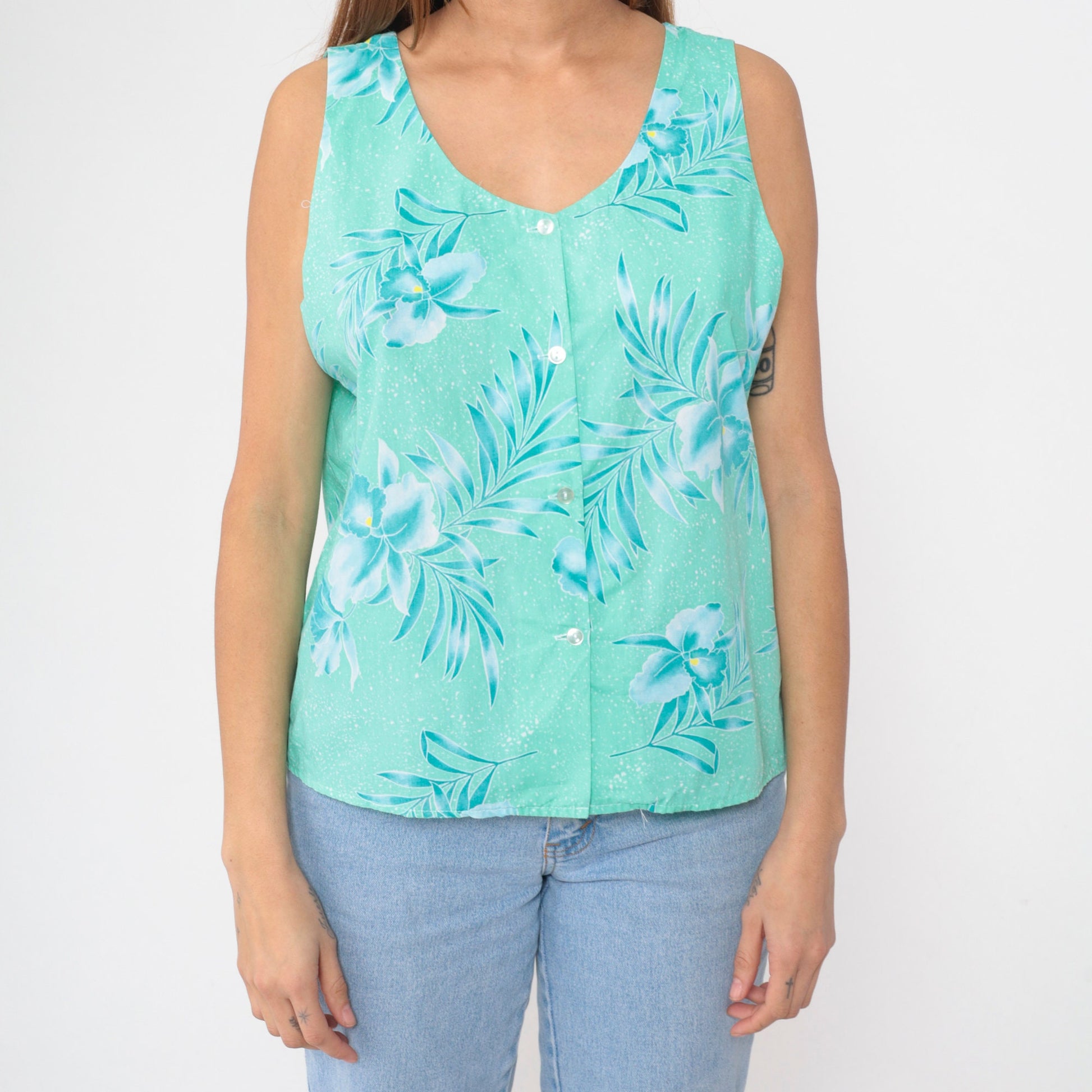 80s Tropical Floral Button-Up Tank Top Turquoise Green Orchid Leaf Print Large