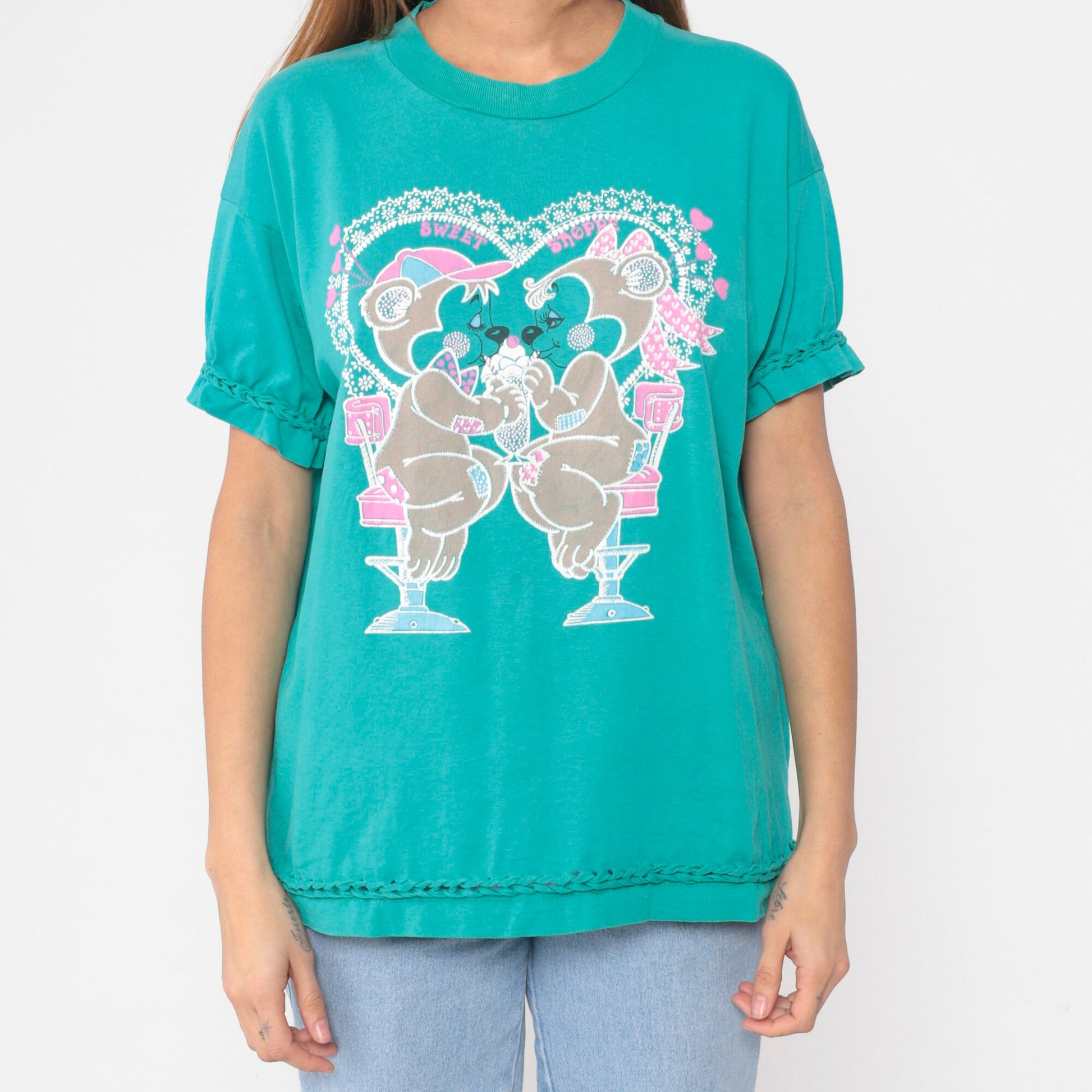 90s Bears in Love Ice Cream Graphic T-Shirt Teal Braided Trim Extra Large XL
