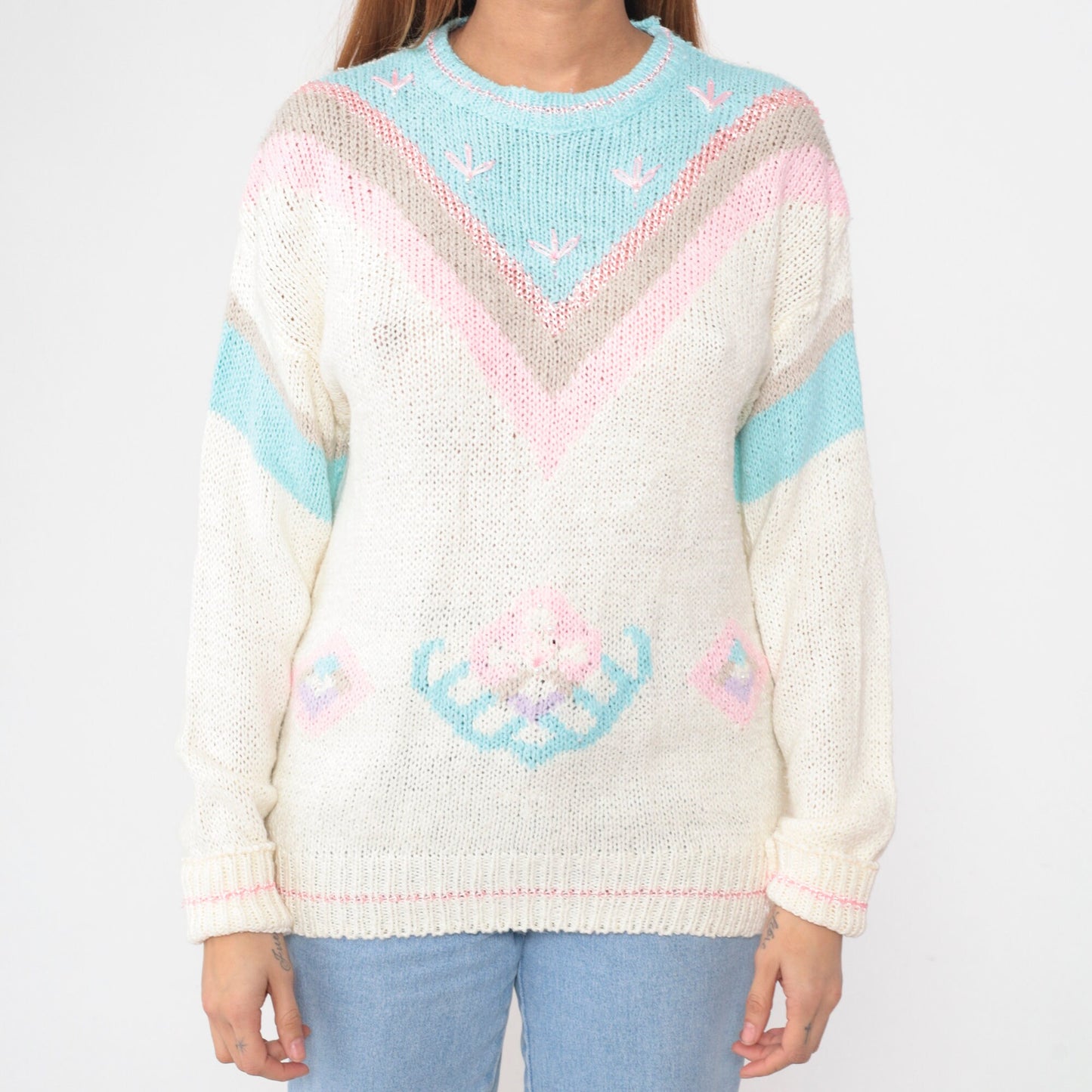 80s Mister Noah Knit Sweater White Pastel Chevron Beaded Floral Embroidered Large