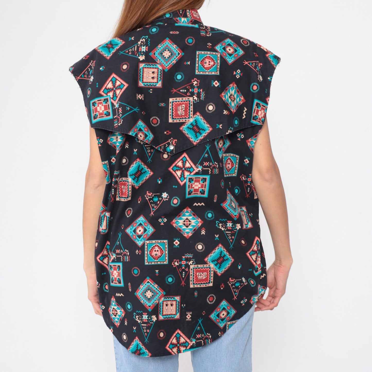 90s Southwestern Pearl Snap Tank Top Black Geometric Collared XL
