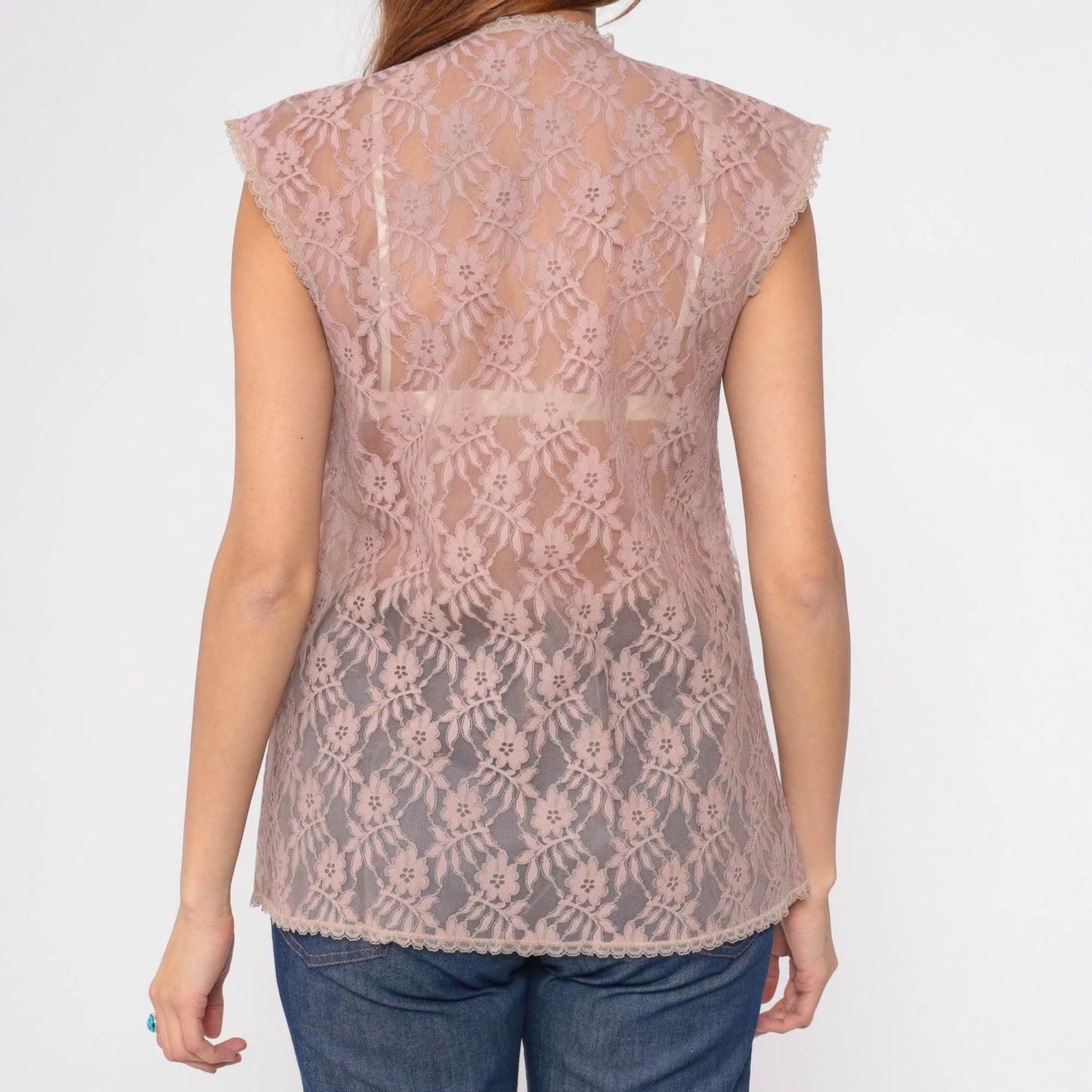 70s Mauve Lace Jacket Cap Sleeve Open Front Blouse Small S