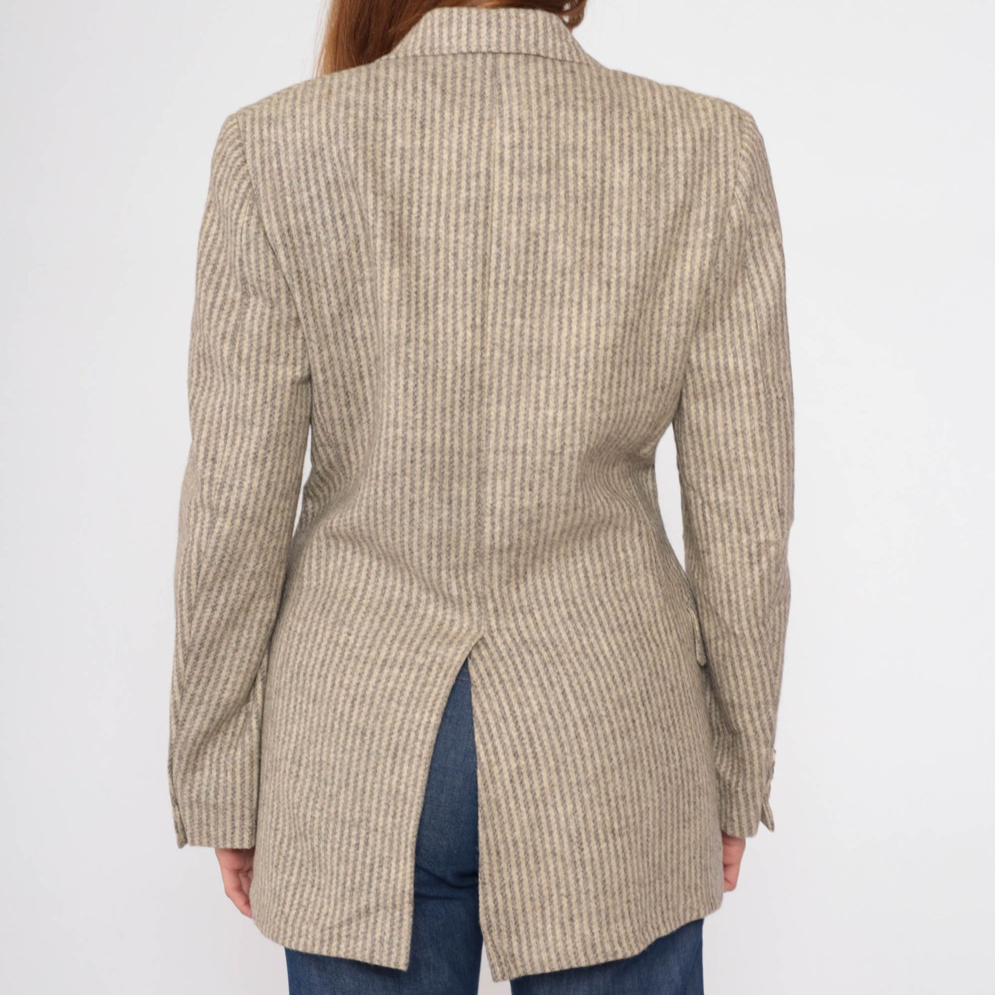 80s Striped Wool Blend Blazer Grey Beige Tailored Button-Up Small