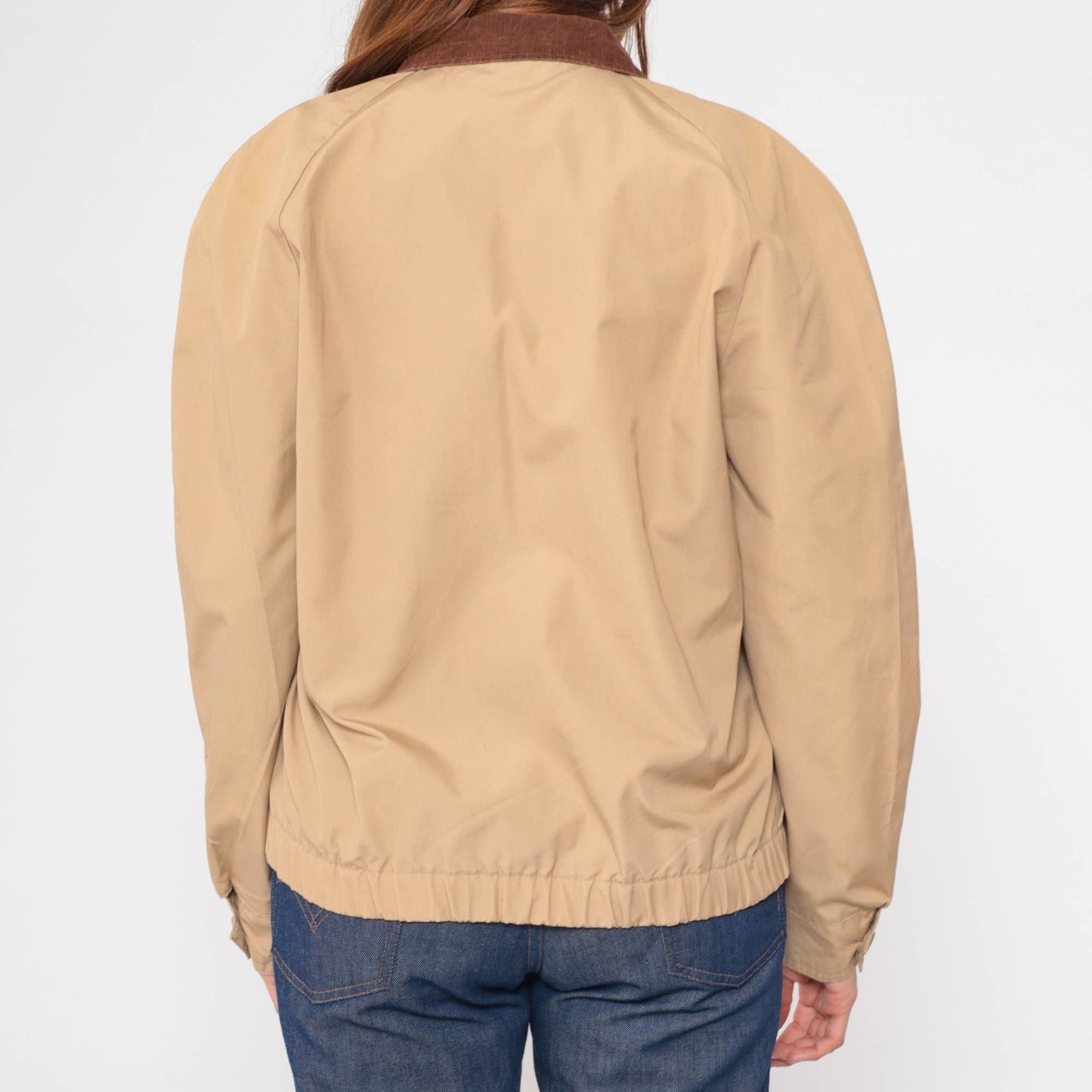 80s Tan Windbreaker Jacket Corduroy Collar Utility Pockets Zip Medium