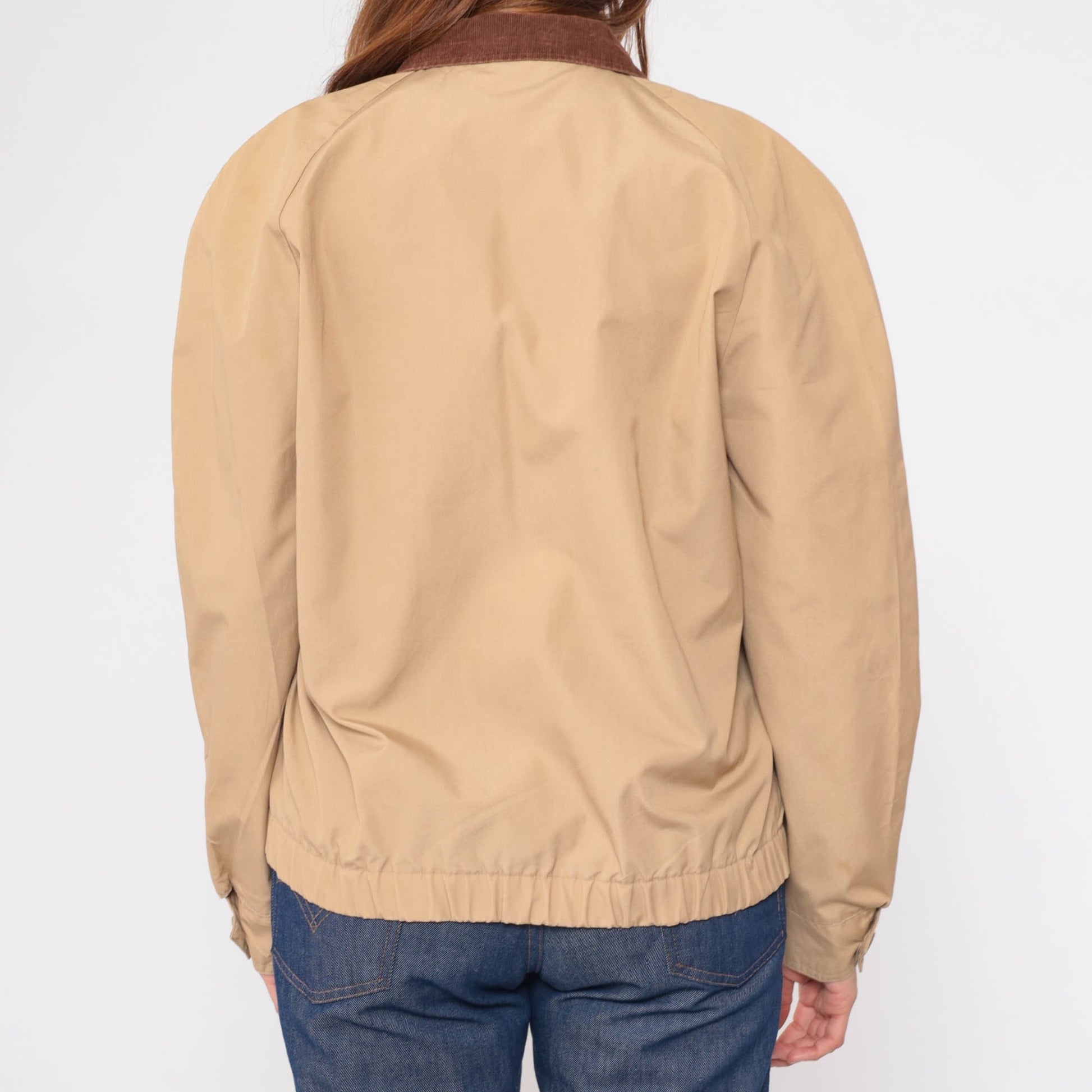 80s Tan Windbreaker Jacket Corduroy Collar Utility Pockets Zip Medium