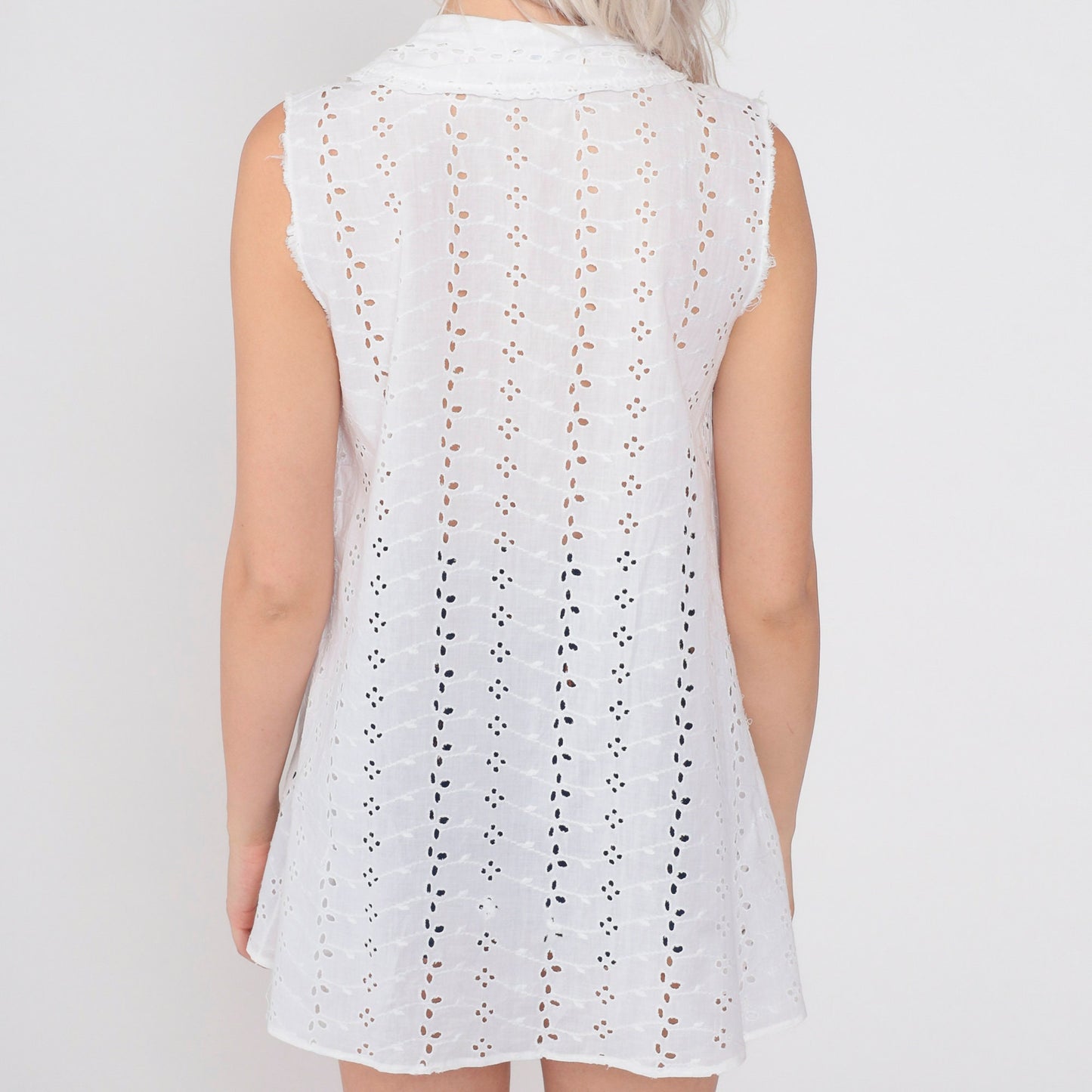 80s Charmode White Eyelet Tank Top Peter Pan Collar Cutout Tunic Extra Small
