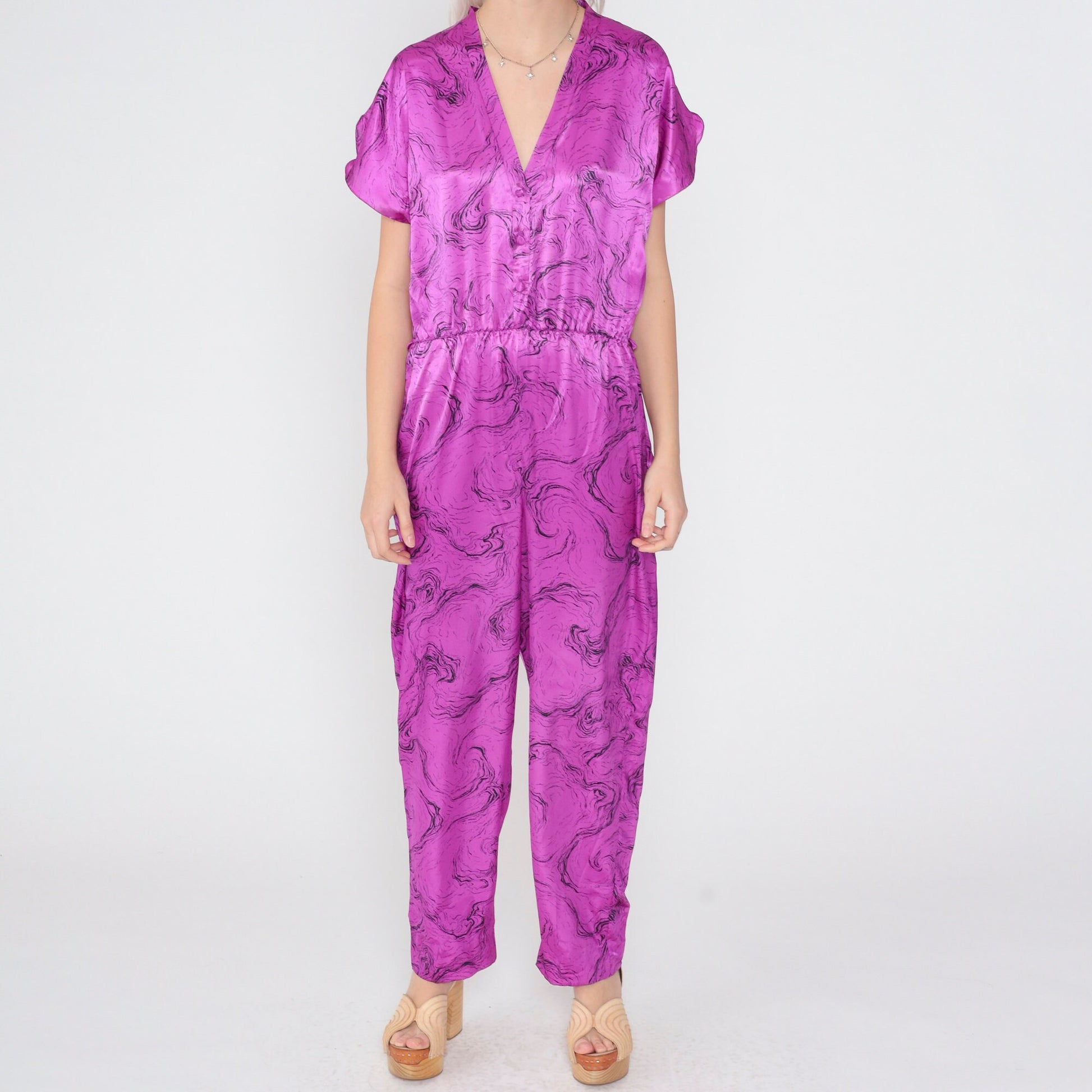 80s Purple Marble Jumpsuit Shiny High-Waisted Tapered V-Neck Small