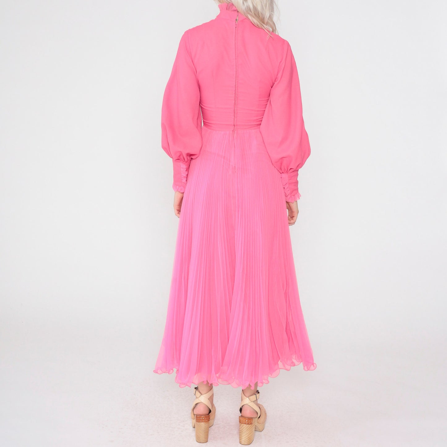 70s Hot Pink Maxi Dress Balloon Sleeve High Neck Ruffled Chiffon Extra Small