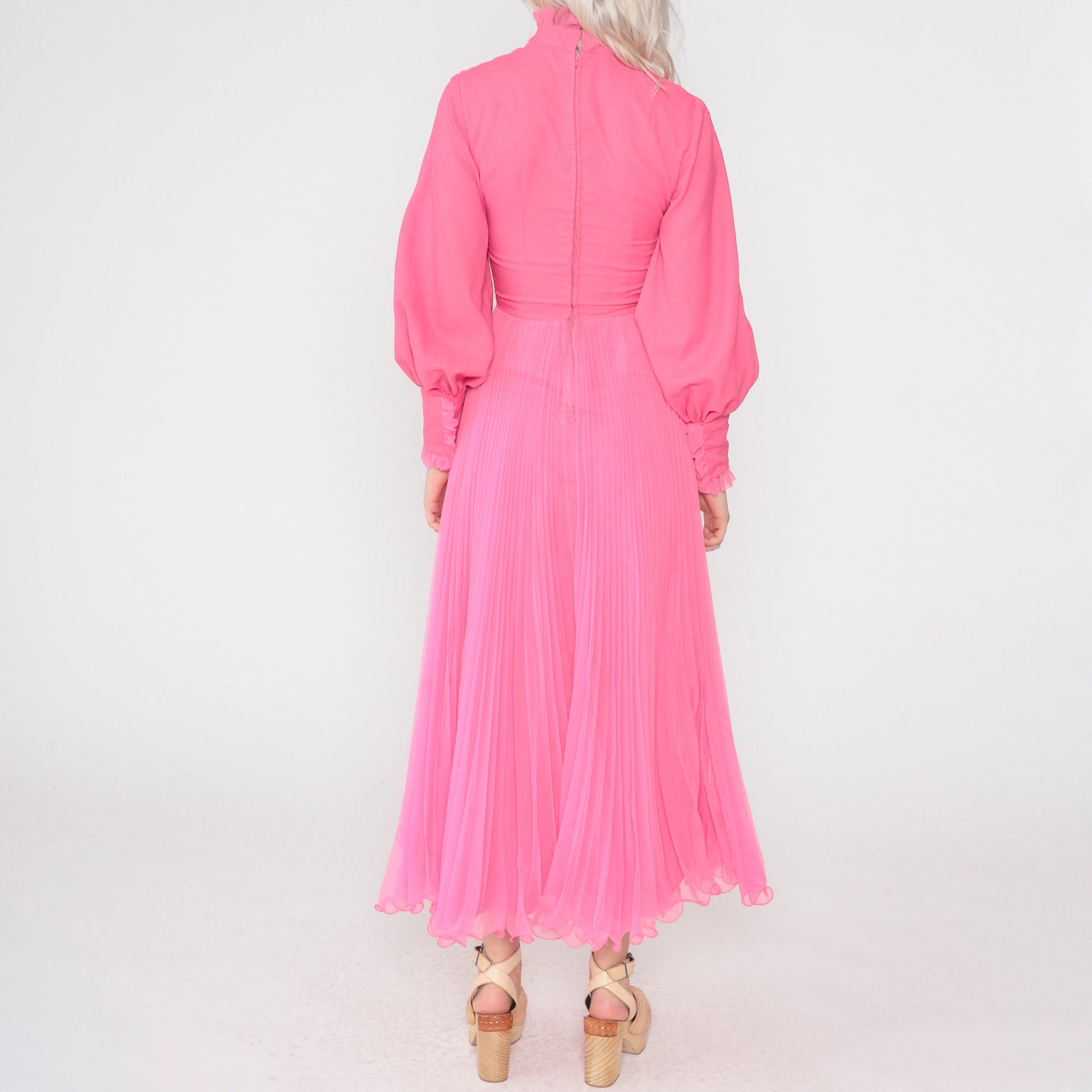 70s Hot Pink Maxi Dress Balloon Sleeve High Neck Ruffled Chiffon Extra Small