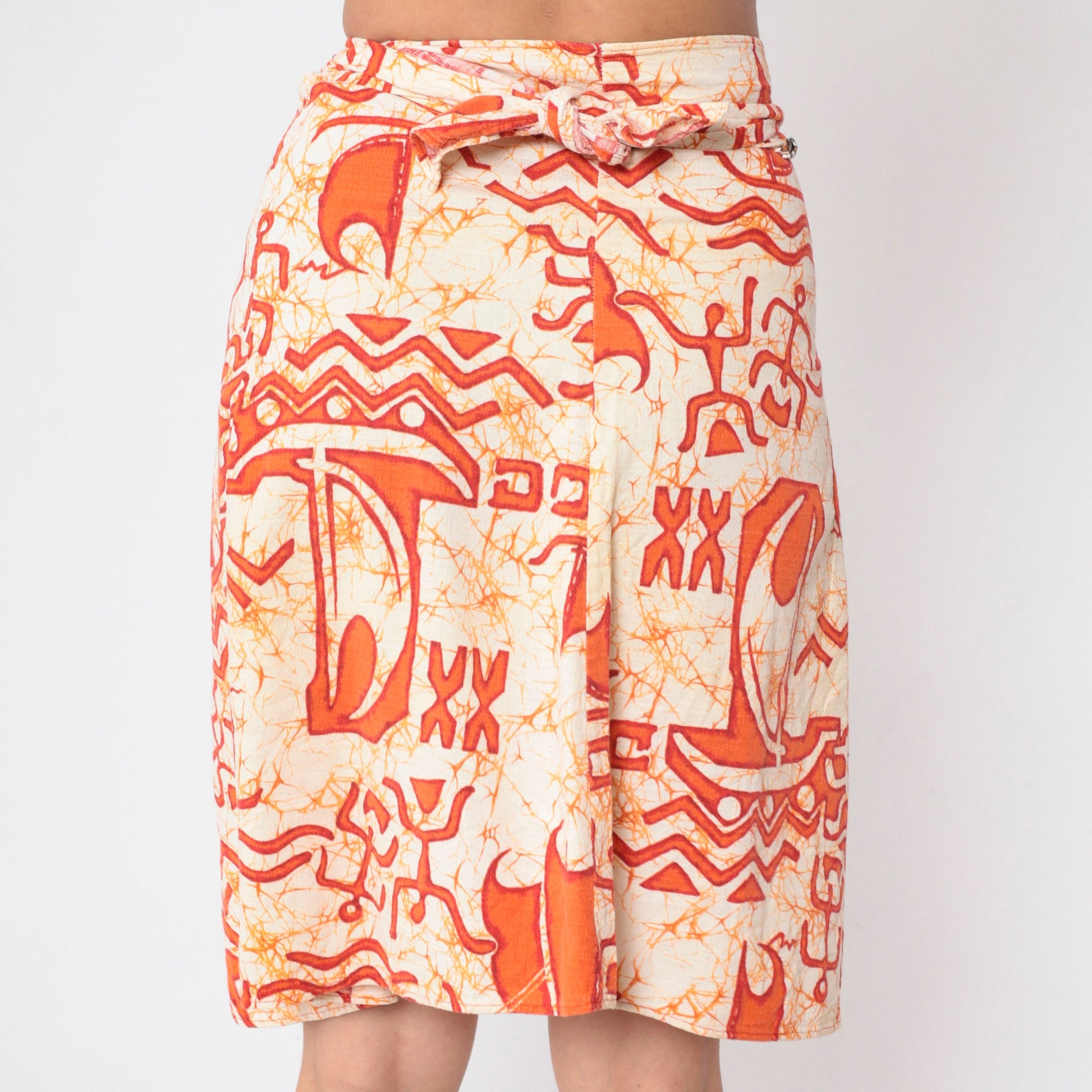 80s Wrap Mini Skirt Tie Dye Petroglyph Print Orange Cream Cotton Small