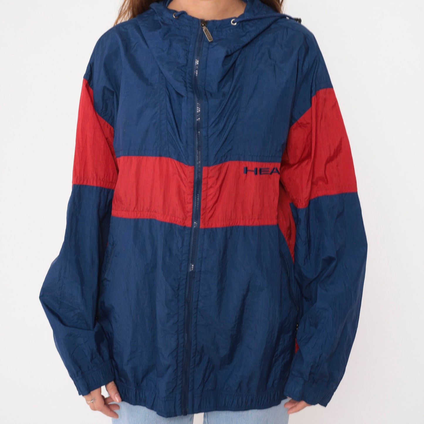 90s Head Hooded Windbreaker Navy Blue Red Color Block Large