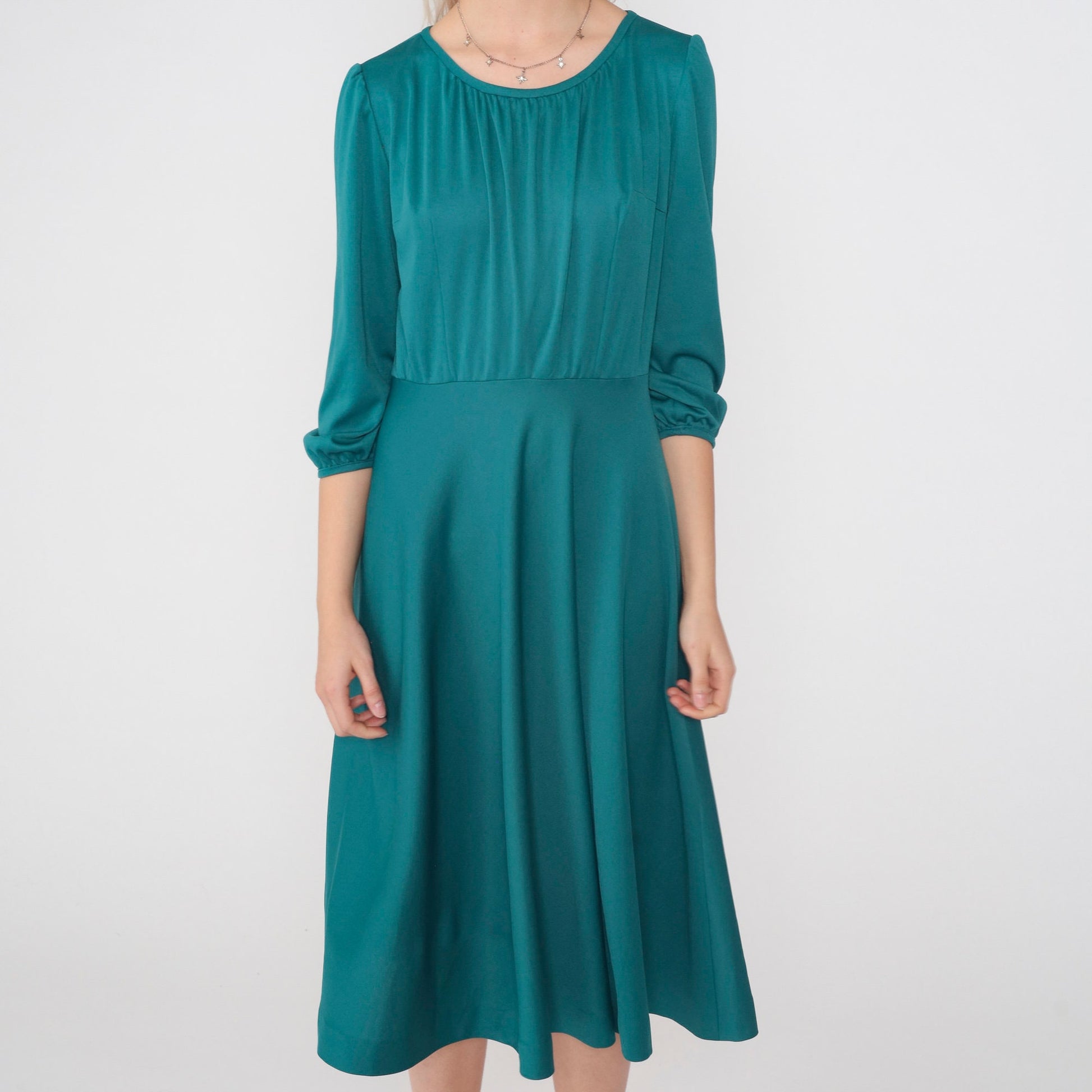 70s Teal Green Midi Dress High Waisted Puff Sleeve Pleated Medium