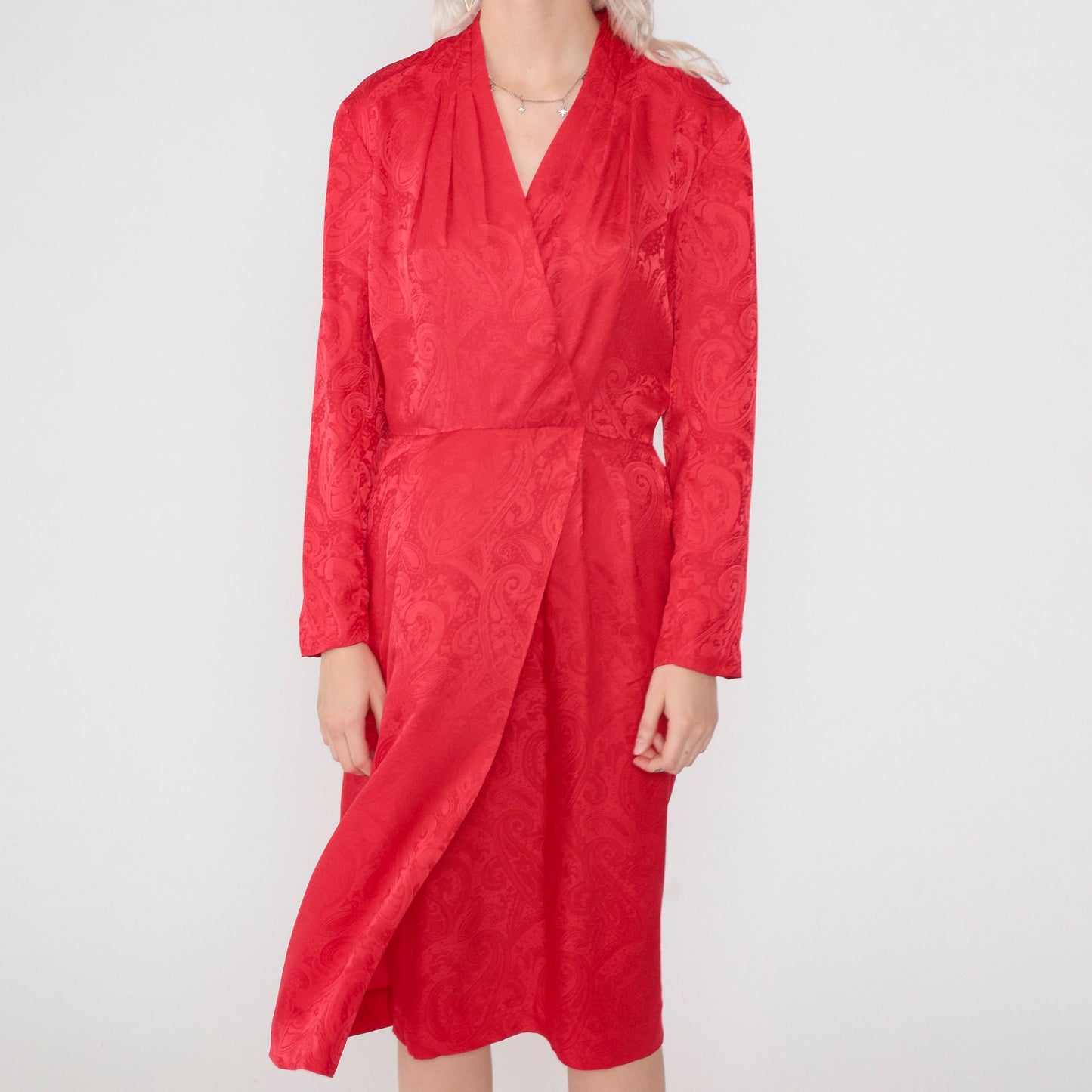90s Liz Claiborne Red Silk Midi Dress Paisley Embossed V-Neck Faux Wrap Small