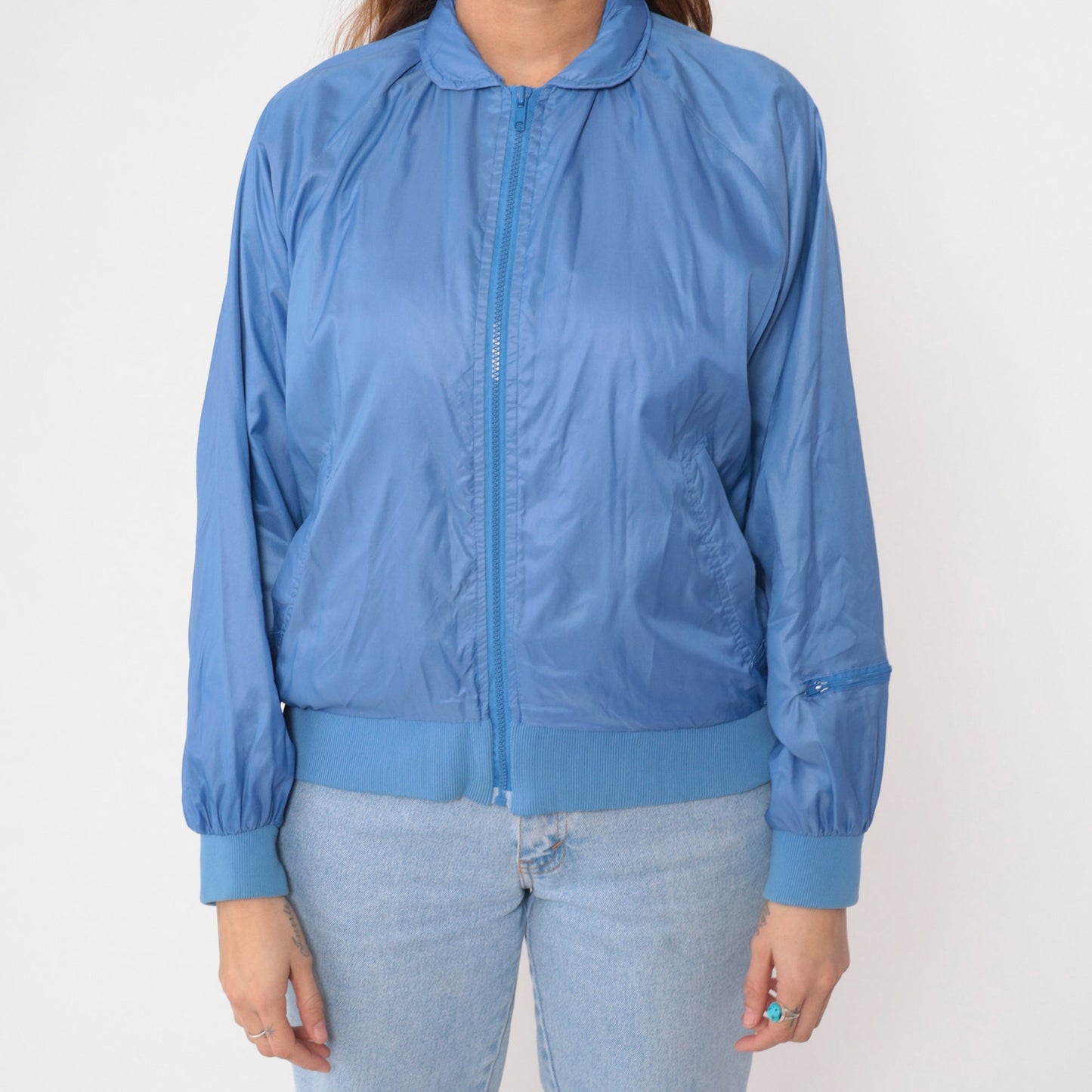 80s Blue Nylon Windbreaker Jacket Raglan Sleeve Zip-Up Medium